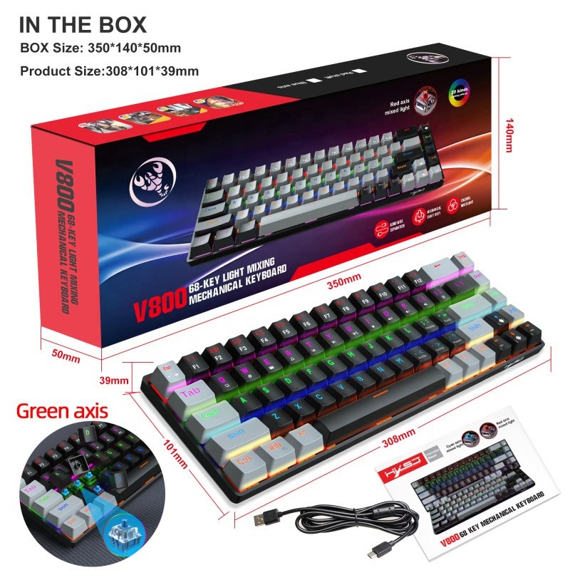 68 Keys V800 Gaming USB Wired Mechanical Keyboard LED Backlit Axis Gaming Mechanical Keyboard Optical Switches for Desktop ABS