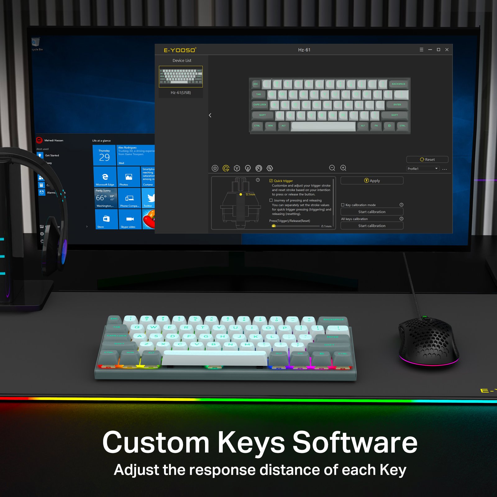 E-Yoose 61 Keys HZ61 Round PBT Keycaps 8K Gaming Wired RGB Magnetic Switch Keyboard