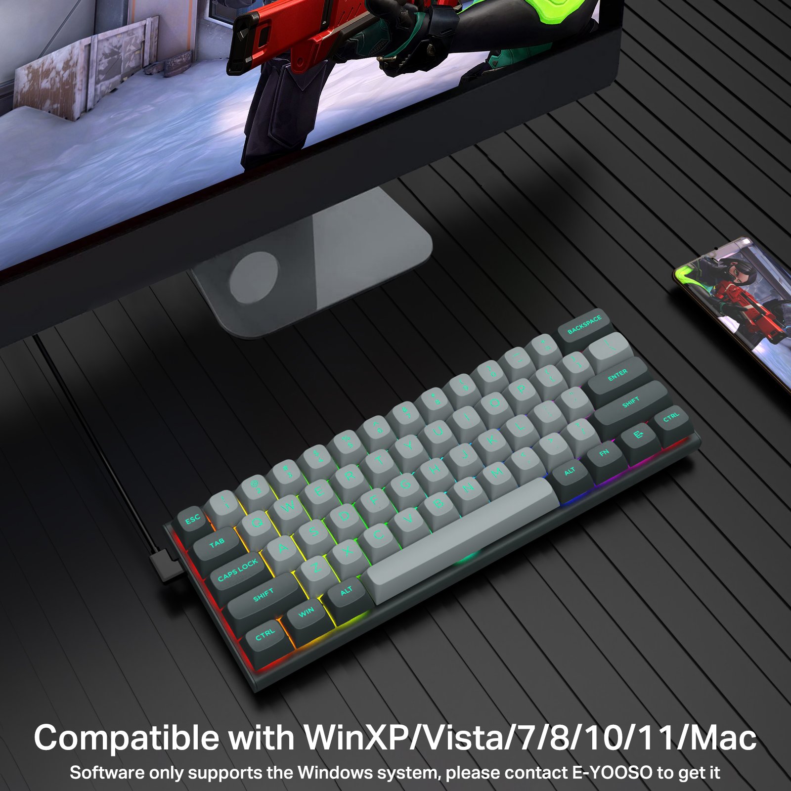 E-Yoose 61 Keys HZ61 Round PBT Keycaps 8K Gaming Wired RGB Magnetic Switch Keyboard