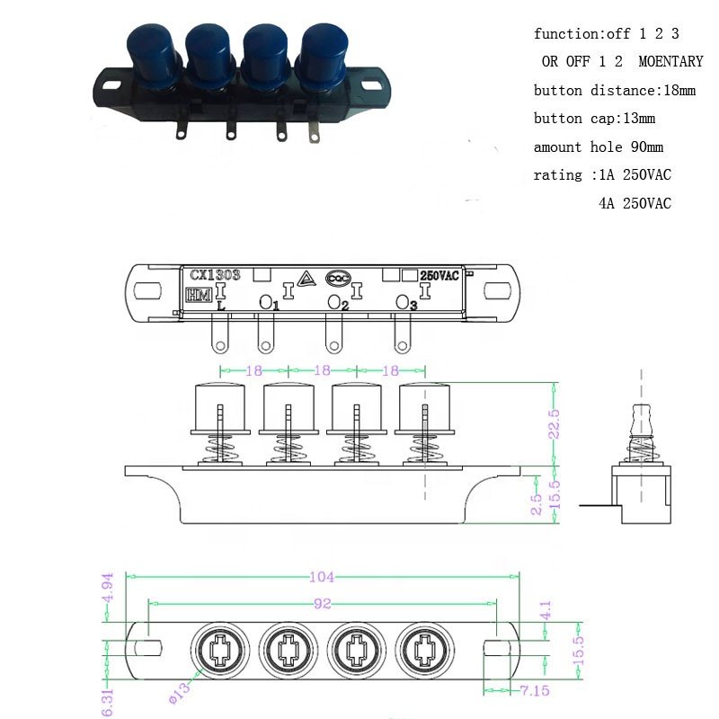 3 position 4 buttons piano Switches for table fan