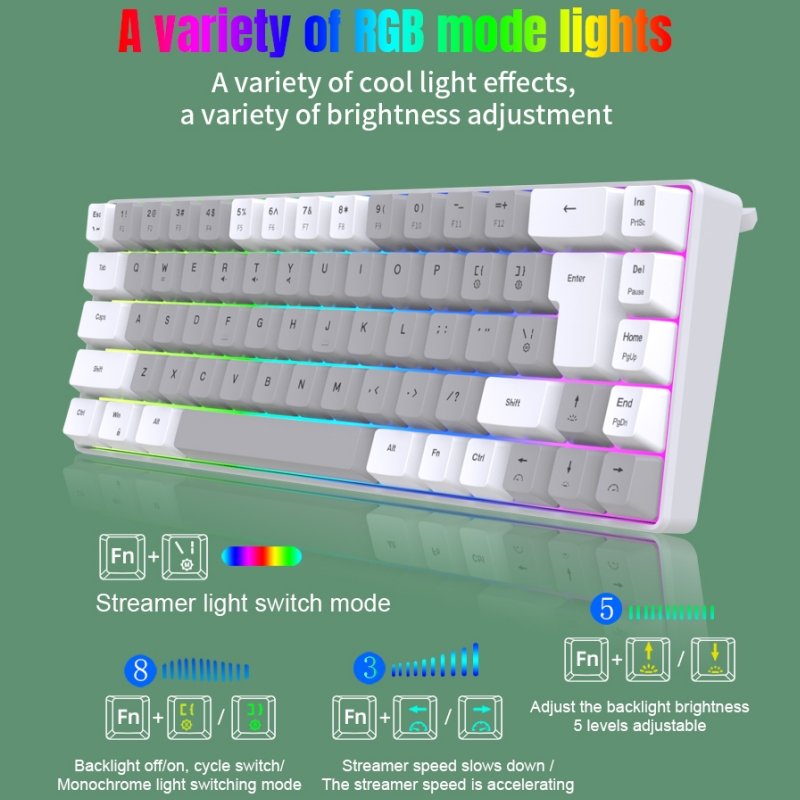 60% Keyboard 68 Keys Hot Swappable Anti-ghosting Wired Wireless BT Mini Rgb Green Switch Gaming Mechanical Keyboard For Computer