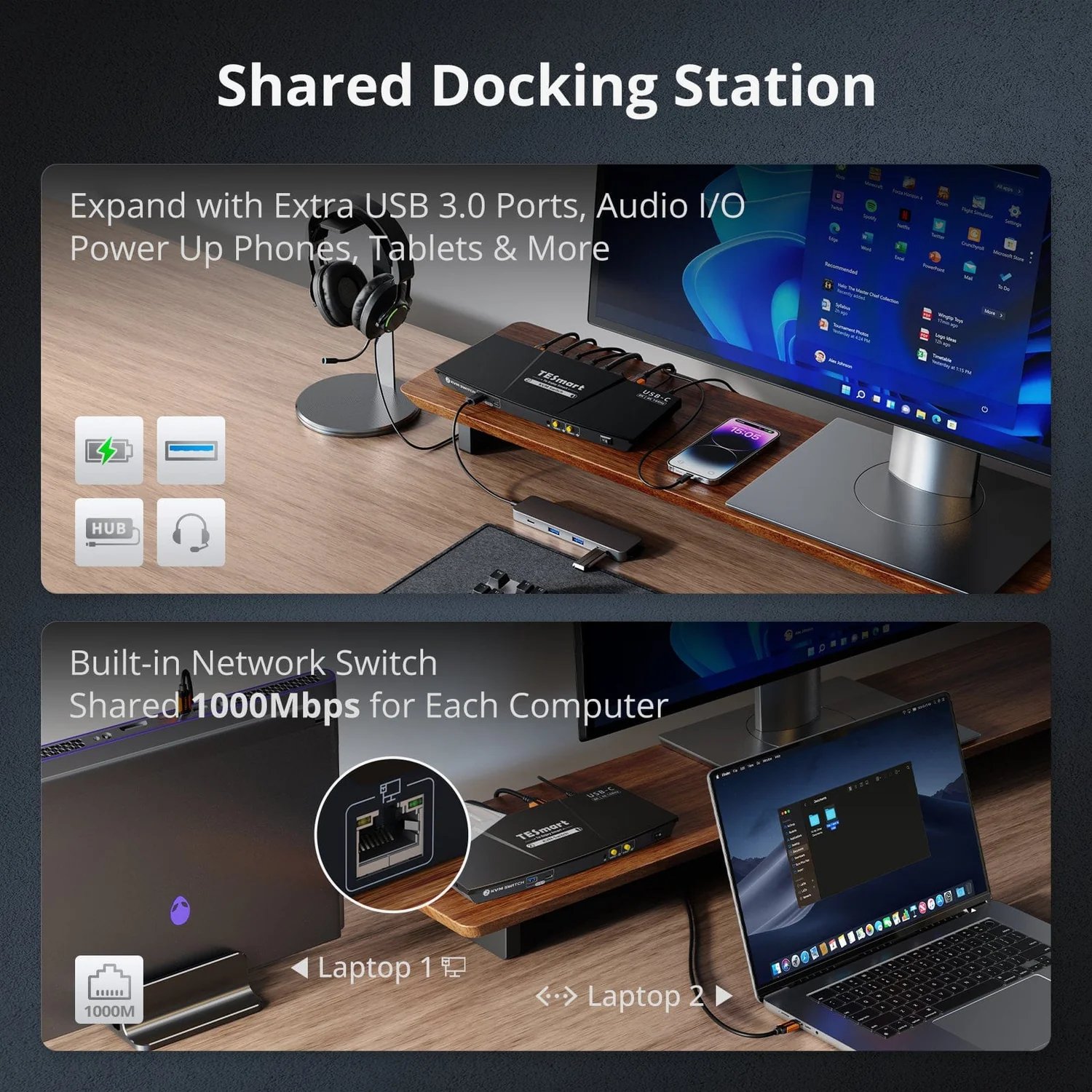 TESmart 2-Port 8K60 USB-C KVM Switch Gaming Dock w/ ADI Chip EDID 4K144Hz for Gaming 2 Laptops 1 Monitor 2 In 1 Out KVM Switcher