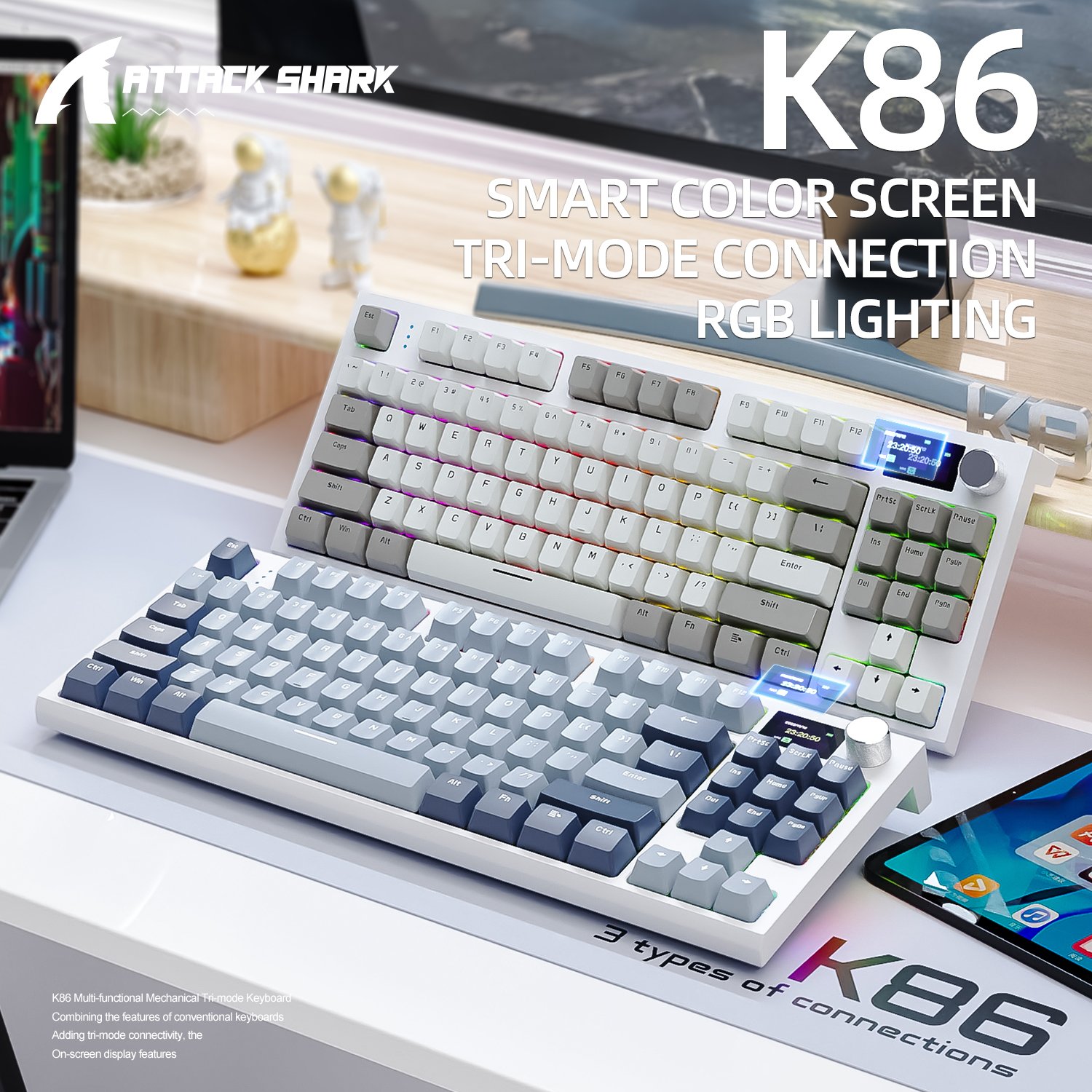 Attack Shark K86 Three-Mode RGB Bluetooth Wireless Hot Swappable Light Emitting Display Customized Hot Swap Mechanical Keyboard