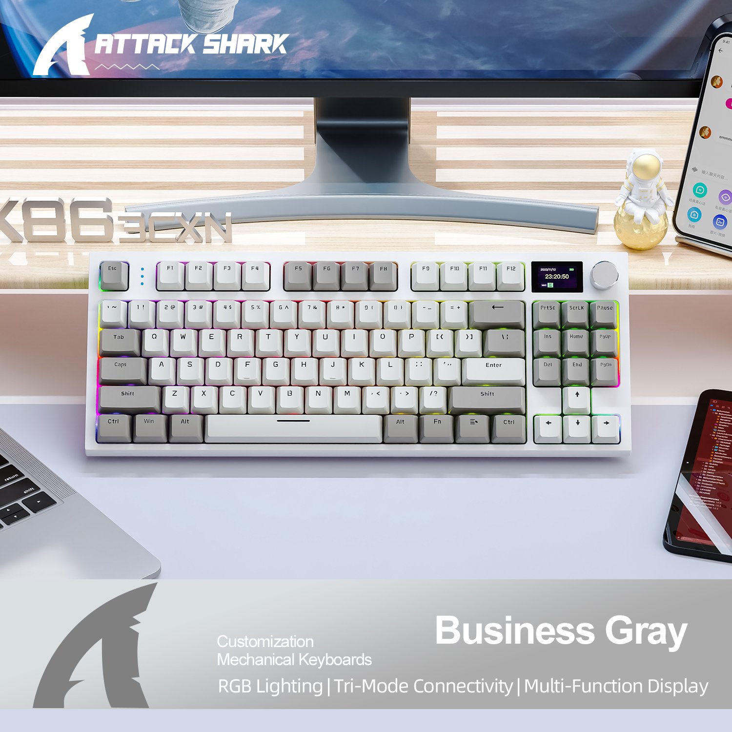Attack Shark K86 Three-Mode RGB Bluetooth Wireless Hot Swappable Light Emitting Display Customized Hot Swap Mechanical Keyboard