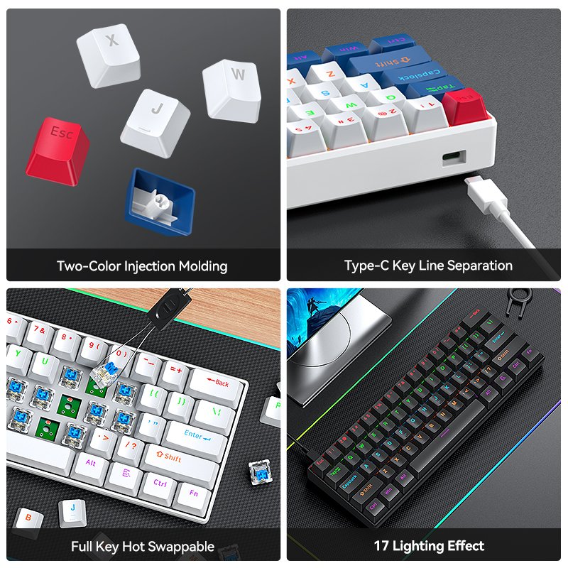 Dual mode Wired 60% Mechanical Gaming Keyboard RGB Backlit Ultra Compact Swappable RGB Wired Mechanical Keyboard