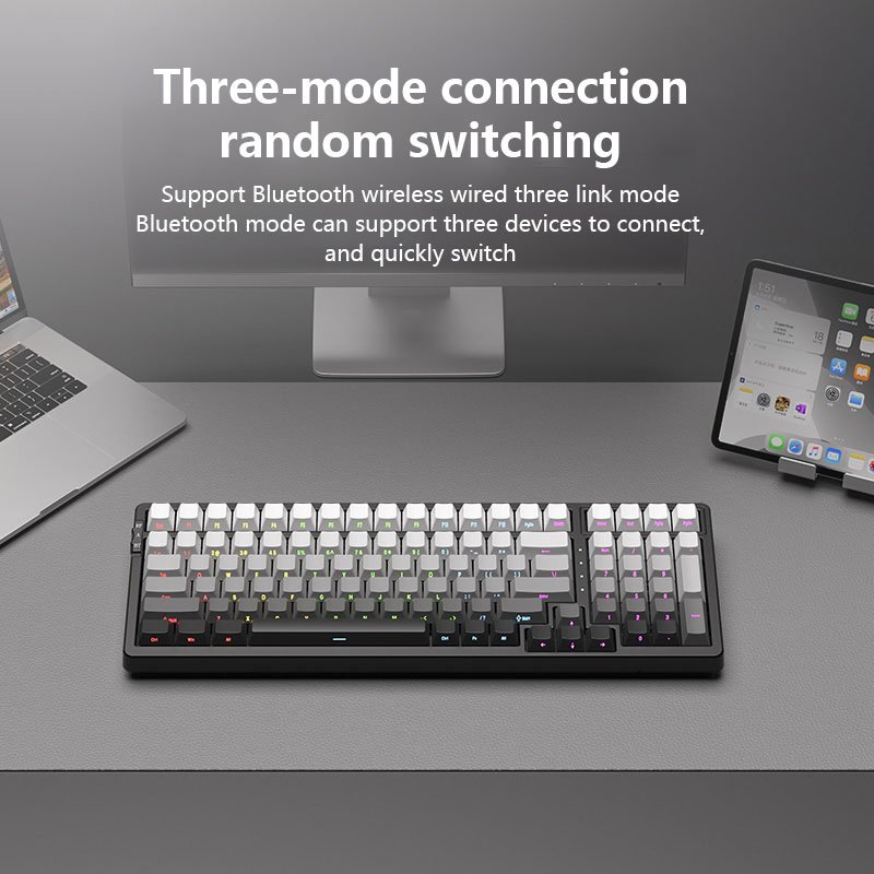 100 Key Triple Mode Hot-Swappable Mechanical Gaming Keyboard, PBT Side-Printed Keycaps, Bluetooth/2.4G/Wired