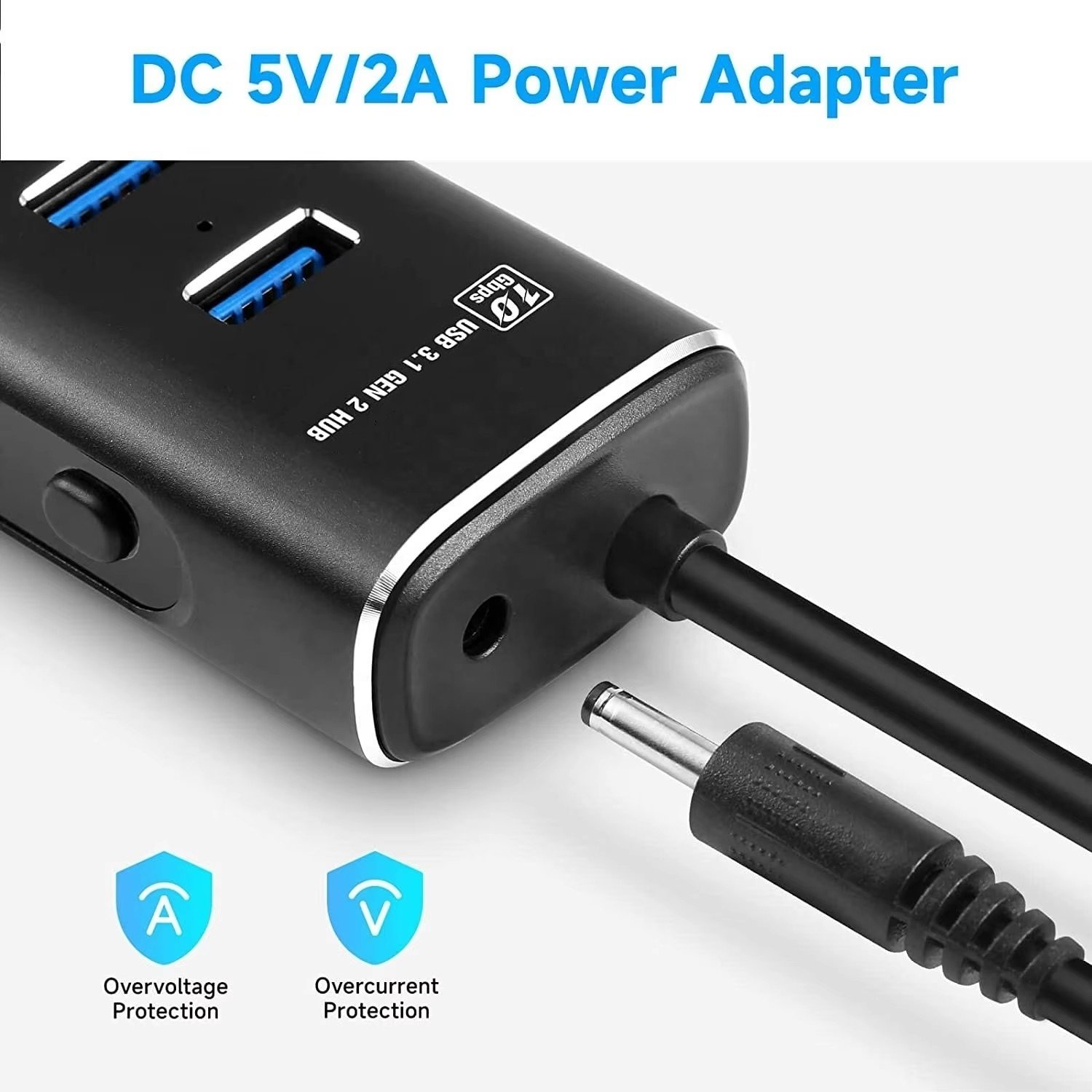 Aluminum Powered 4 Por USB 3.1/3.2 Gen 2 Hub 10Gbps with 3.3ft Data Cable 5V/2A Power Adapter and Individual Switches for laptop