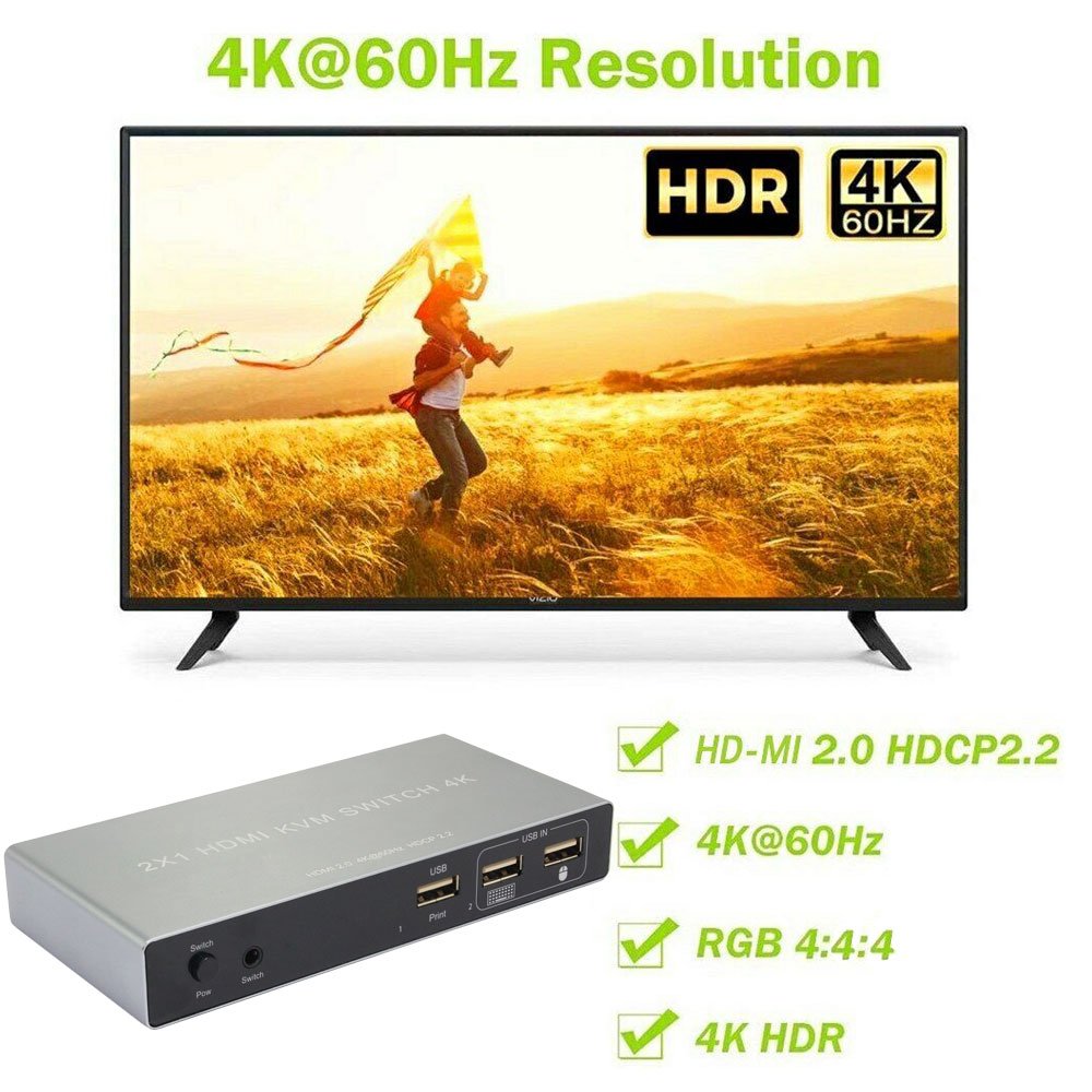 4K HDMI KVM Switch 2 in 1 out 4K60Hz HDMI USB KVM Switcher 2x1 for 2 PC Share Monitor Mouse Keyboard with Desktop Controller