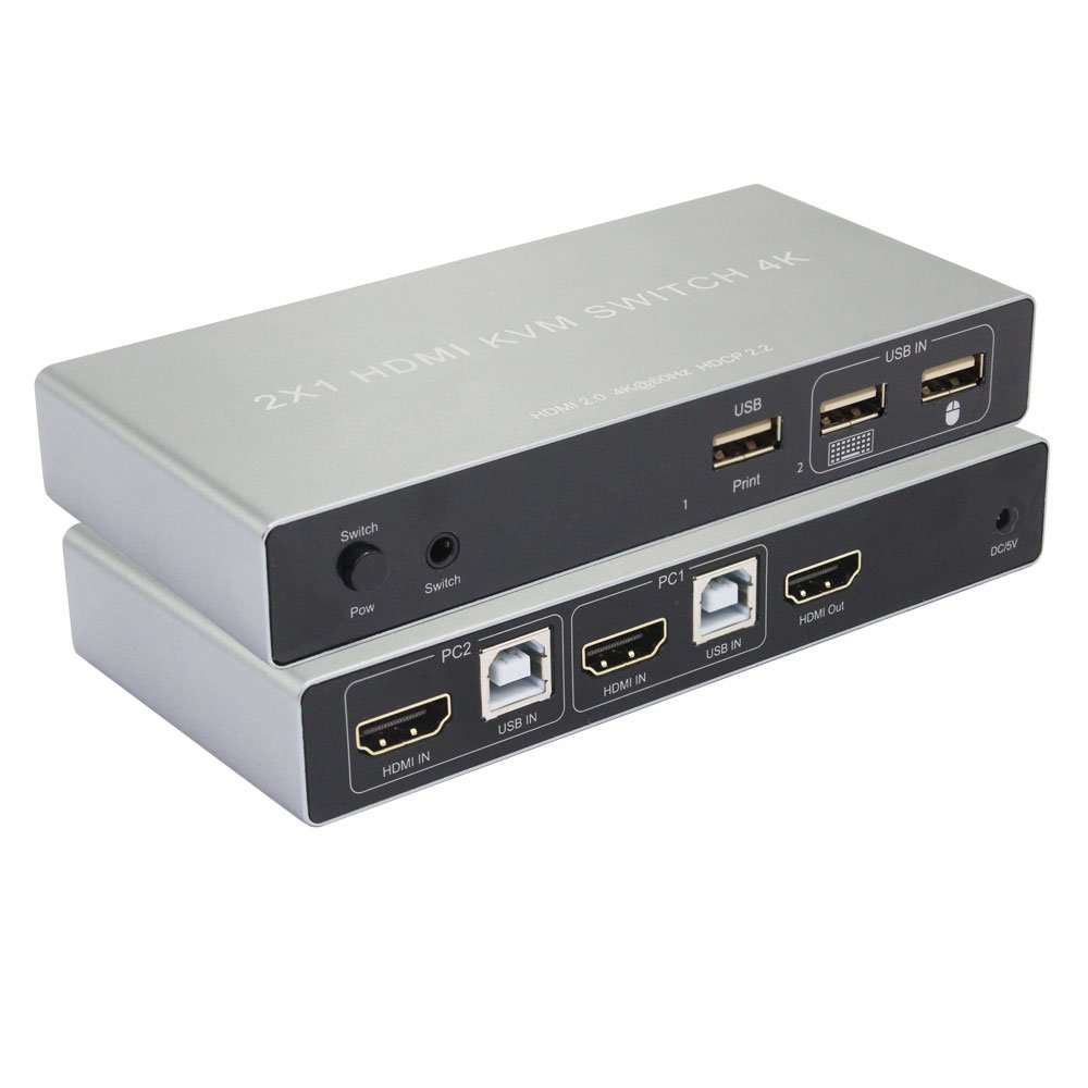 4K HDMI KVM Switch 2 in 1 out 4K60Hz HDMI USB KVM Switcher 2x1 for 2 PC Share Monitor Mouse Keyboard with Desktop Controller
