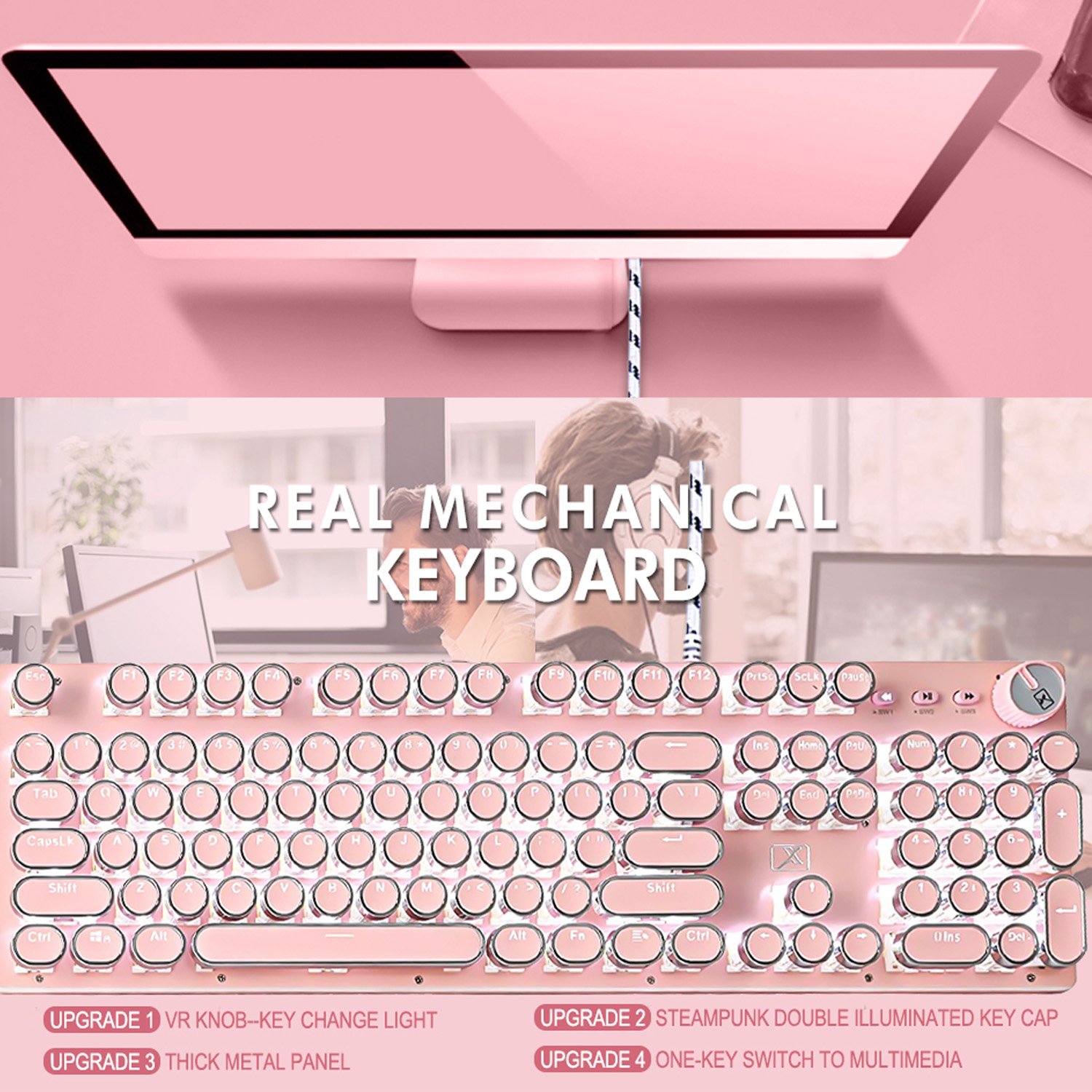 Full-size Blue Switch Ergonomic Backlit Usb Wired Retro Typewriter Rgb Mechanical Pink OEM Stock Keyboard Mechanical 12 Months