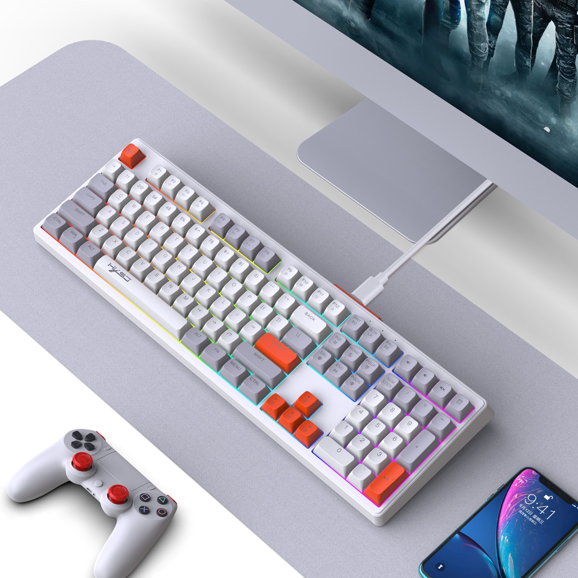 2024 Hot sale HXSJ V300 108keys membrane keyboard portable standard full size 12 RGB backlit mechanical feel keyboard for laptop