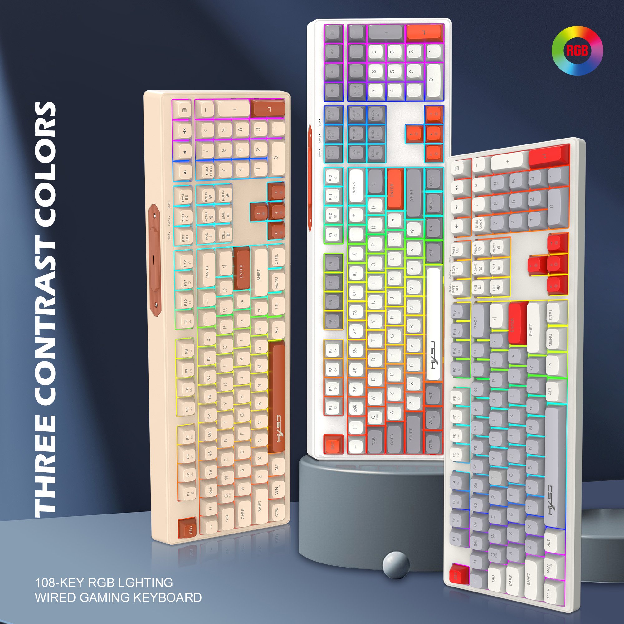 2024 Hot sale HXSJ V300 108keys membrane keyboard portable standard full size 12 RGB backlit mechanical feel keyboard for laptop