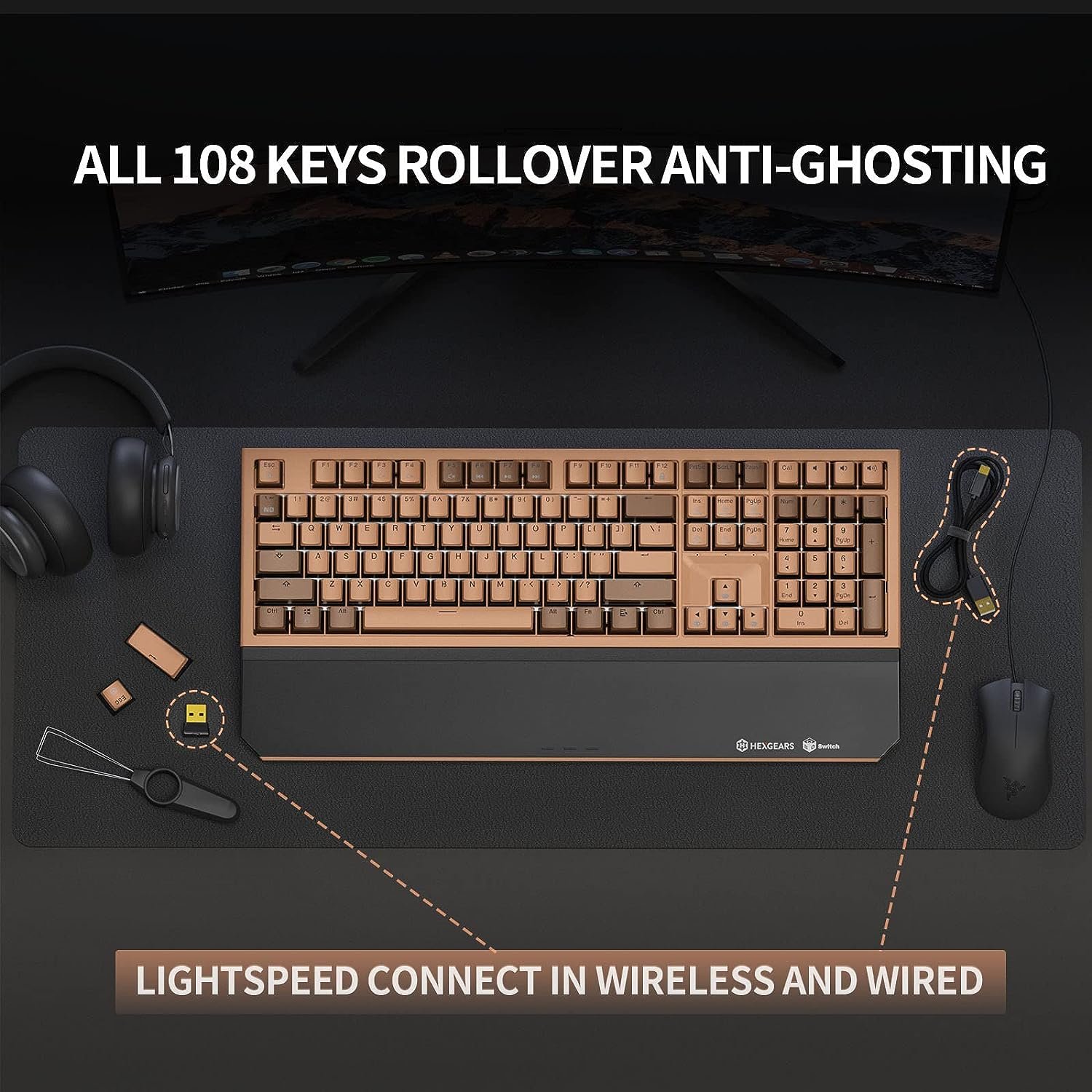 HEXGEARS X5 Brown 108 Keys Ergonomic Wireless Gaming Keyboard for Gaming Typing
