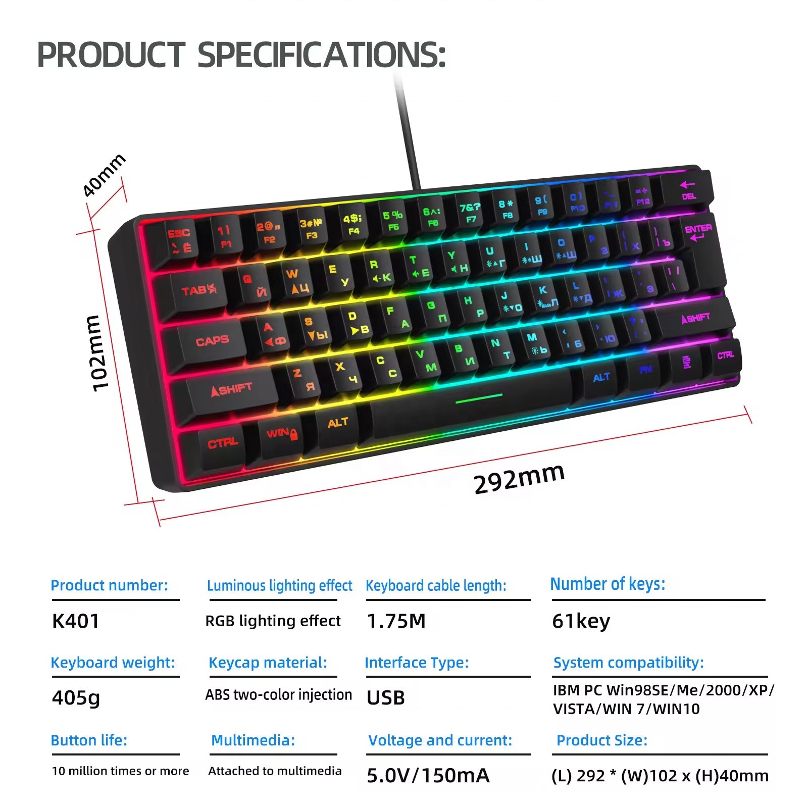 Wholesale 60% RGB LED Backlit Gaming Keyboard ABS Membrane Keycaps with Type C Interface 61 English Keys