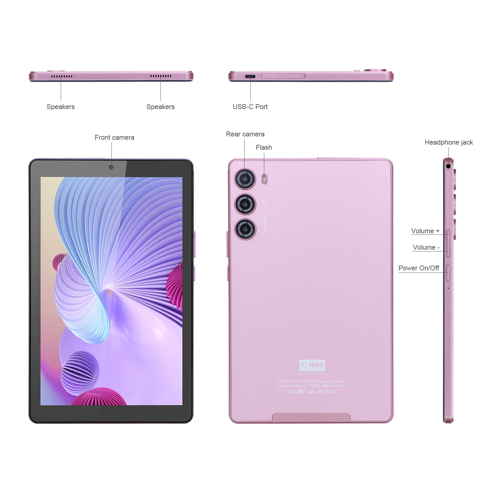 C idea Factory China 9 inch Tab 8GB RAM 512GB ROM 8000mAh WiFi Android 12 Tablet for Adults Dual Camera IPS Screen CM925-Pink