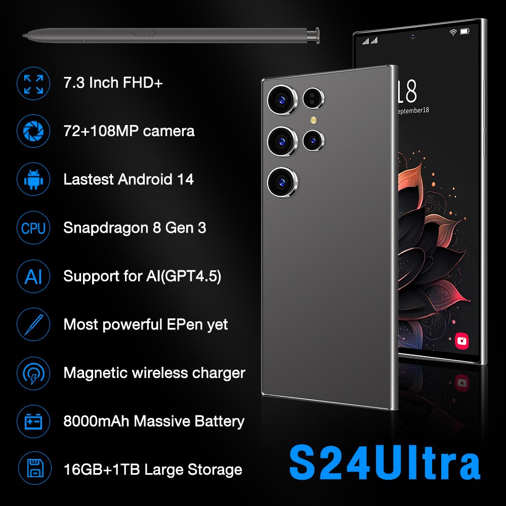 2024 new ultra-high speed S24Ultra 16GB+1TB 5G smart phone 7.2-inch 48MP+100MP Snapdragon 8+2 Android 14 game phone