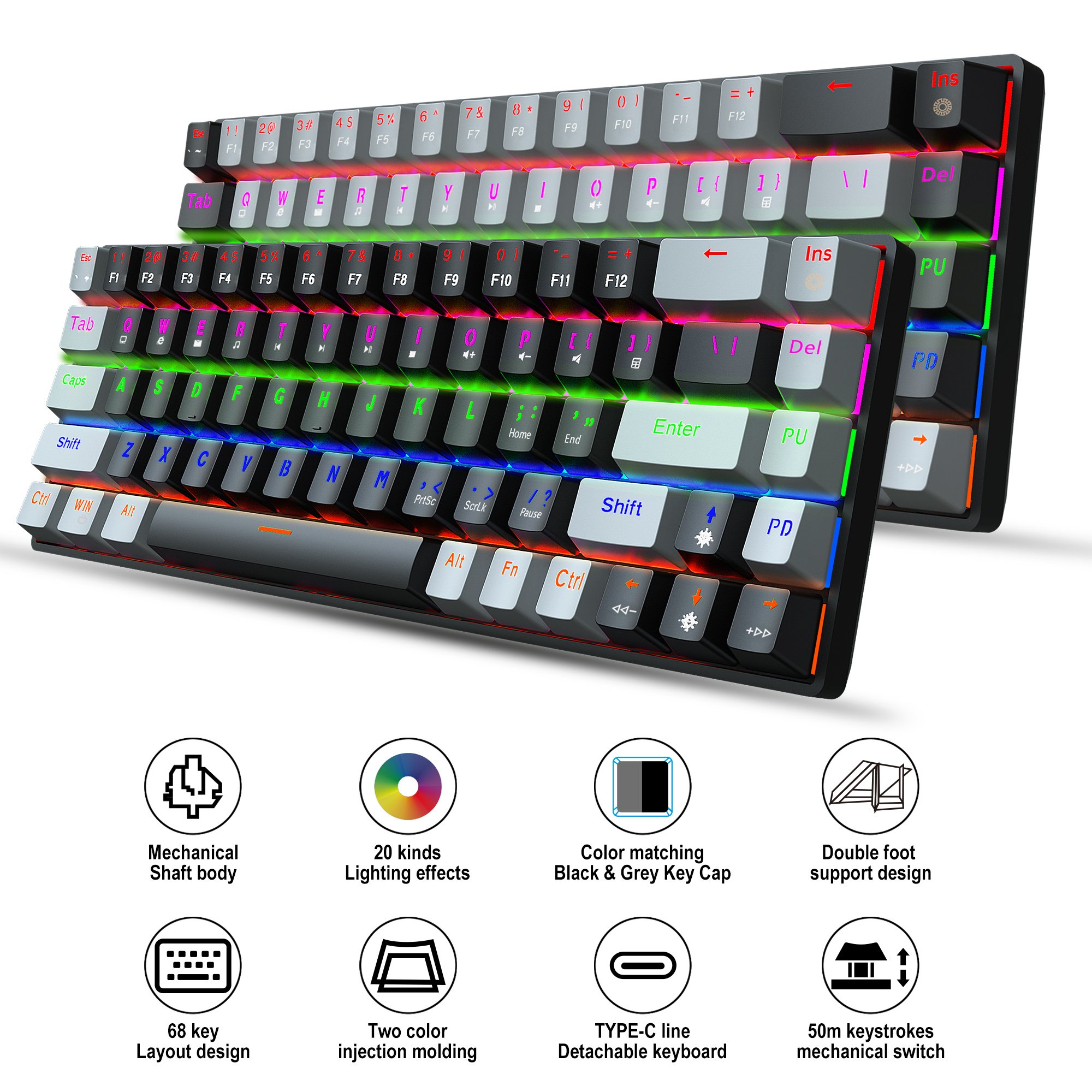 Wholesale HXSJ V800 68-key game keyboard E-sport RGB ABS hot-swap blue axis Type-C gaming wired Mechanical keyboard for laptop