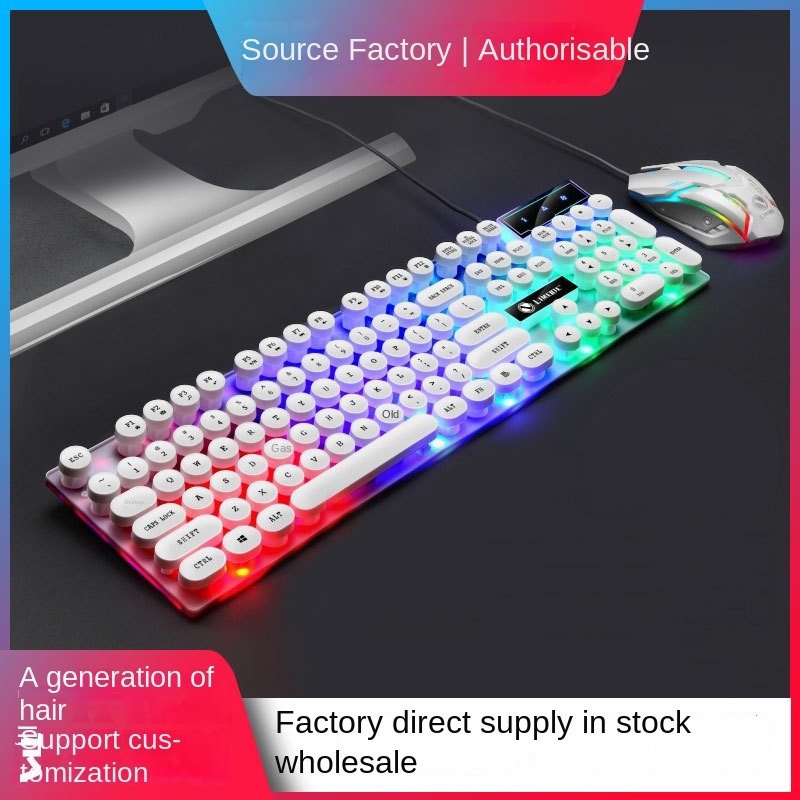 White Mini Wired USB Mechanical Keyboard and Mouse RGB Backlit LED with Light Function Waterproof Office Notebook Set