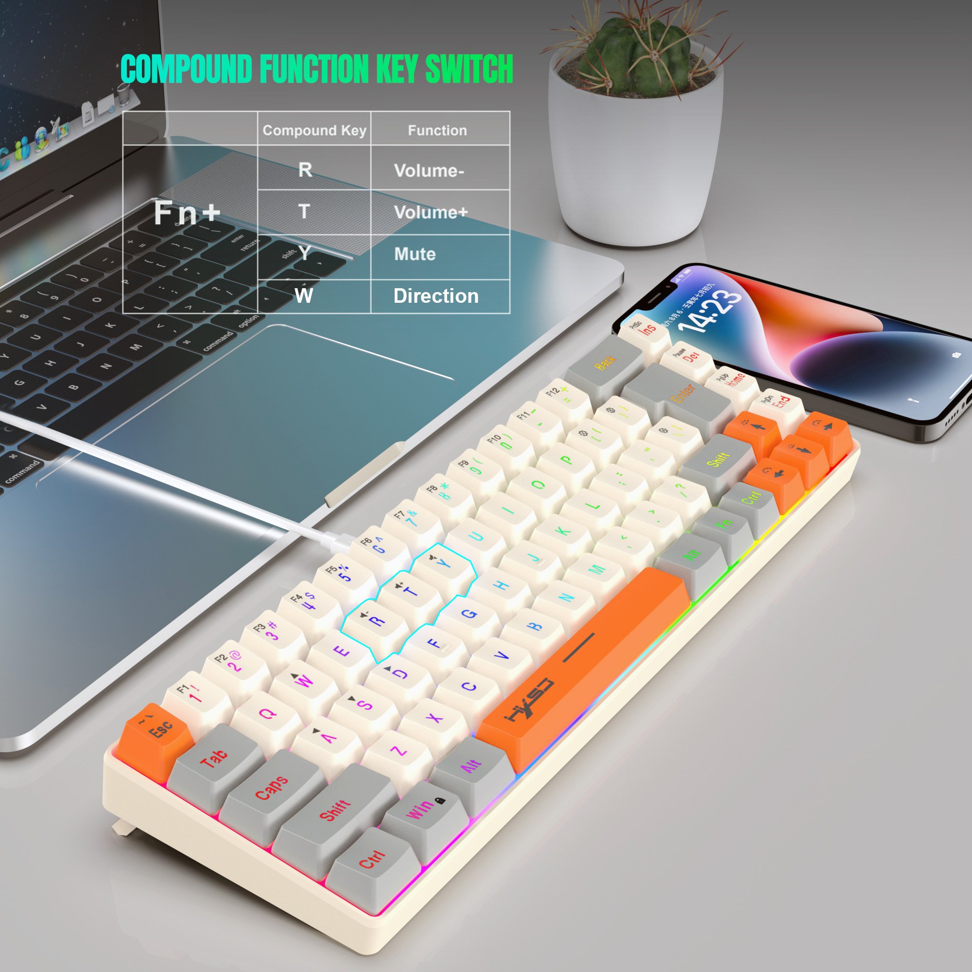 New colour HXSJ V200 68-key membrane keyboard silent RGB luminous ABS two-color injection Type-C gaming keyboard for laptop game
