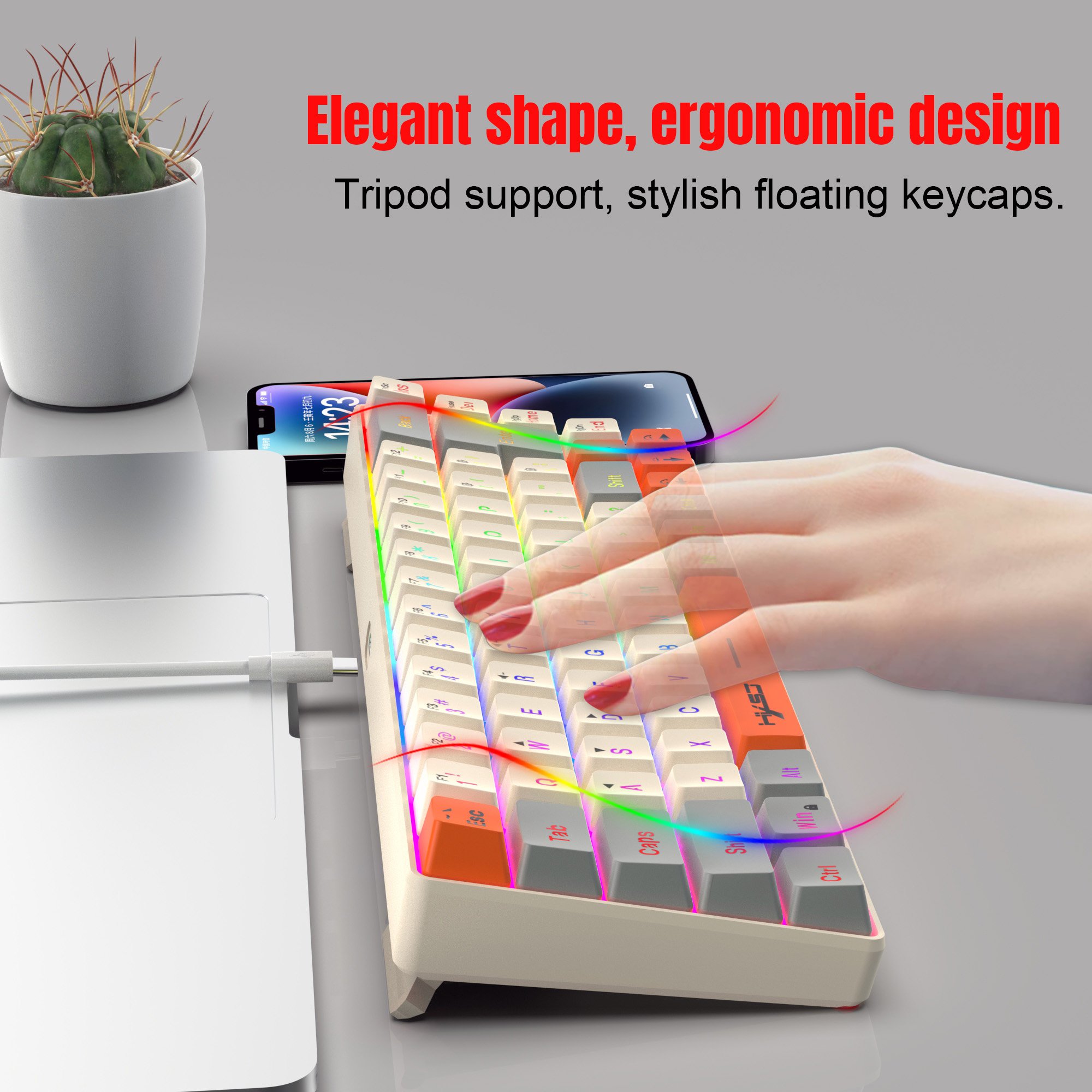 New colour HXSJ V200 68-key membrane keyboard silent RGB luminous ABS two-color injection Type-C gaming keyboard for laptop game