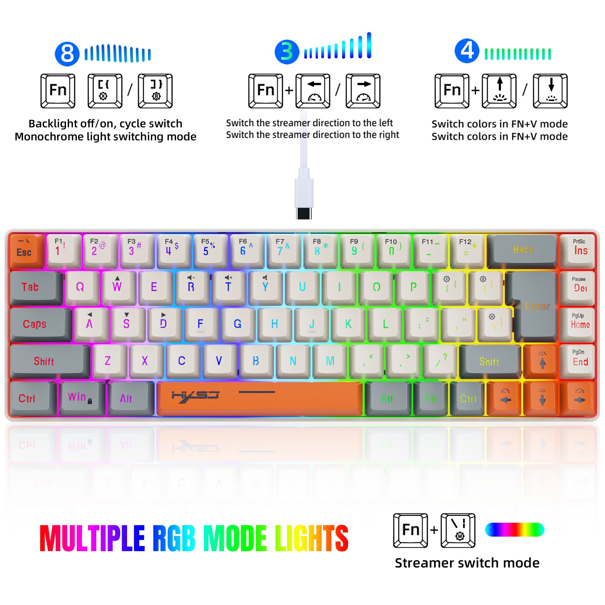 New colour HXSJ V200 68-key membrane keyboard silent RGB luminous ABS two-color injection Type-C gaming keyboard for laptop game