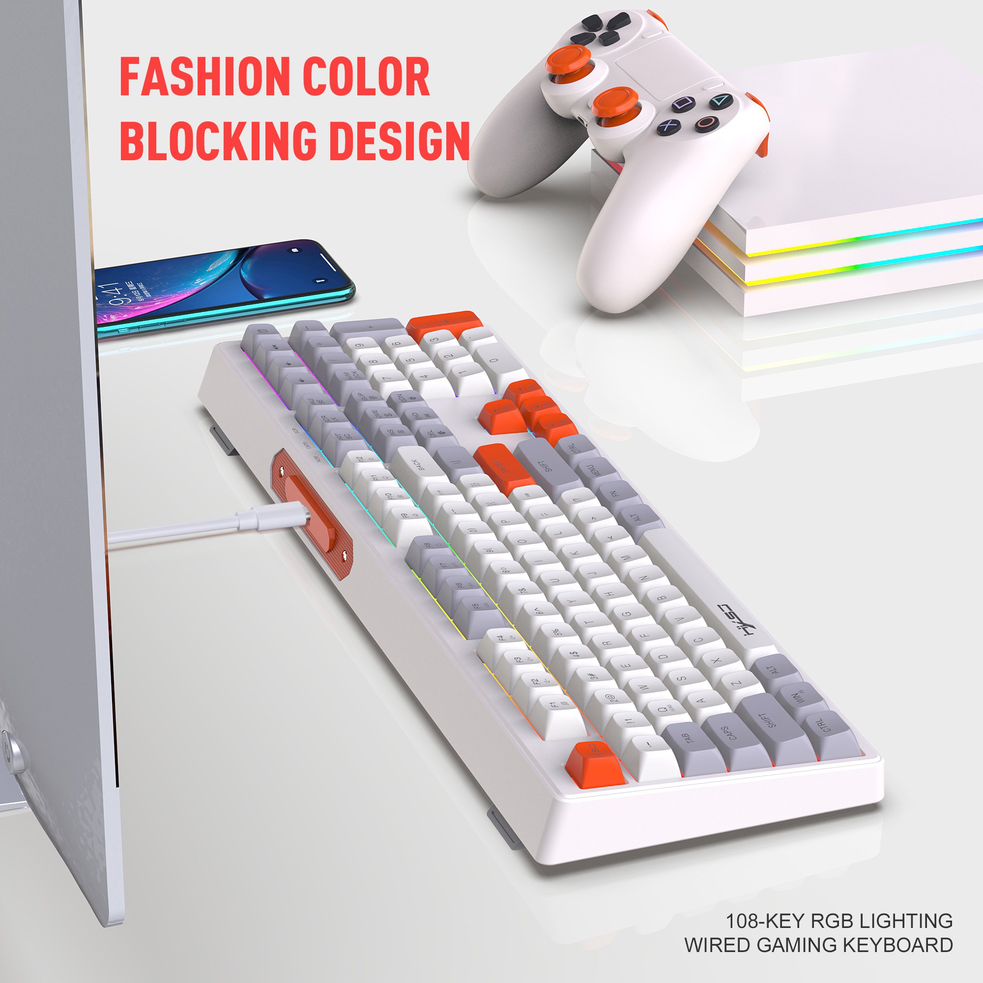V300 108-Key Rgb Lighting Game Keyboard with ABS keycaps Wired Usb 2.0 Transmission Membrane Keyboard