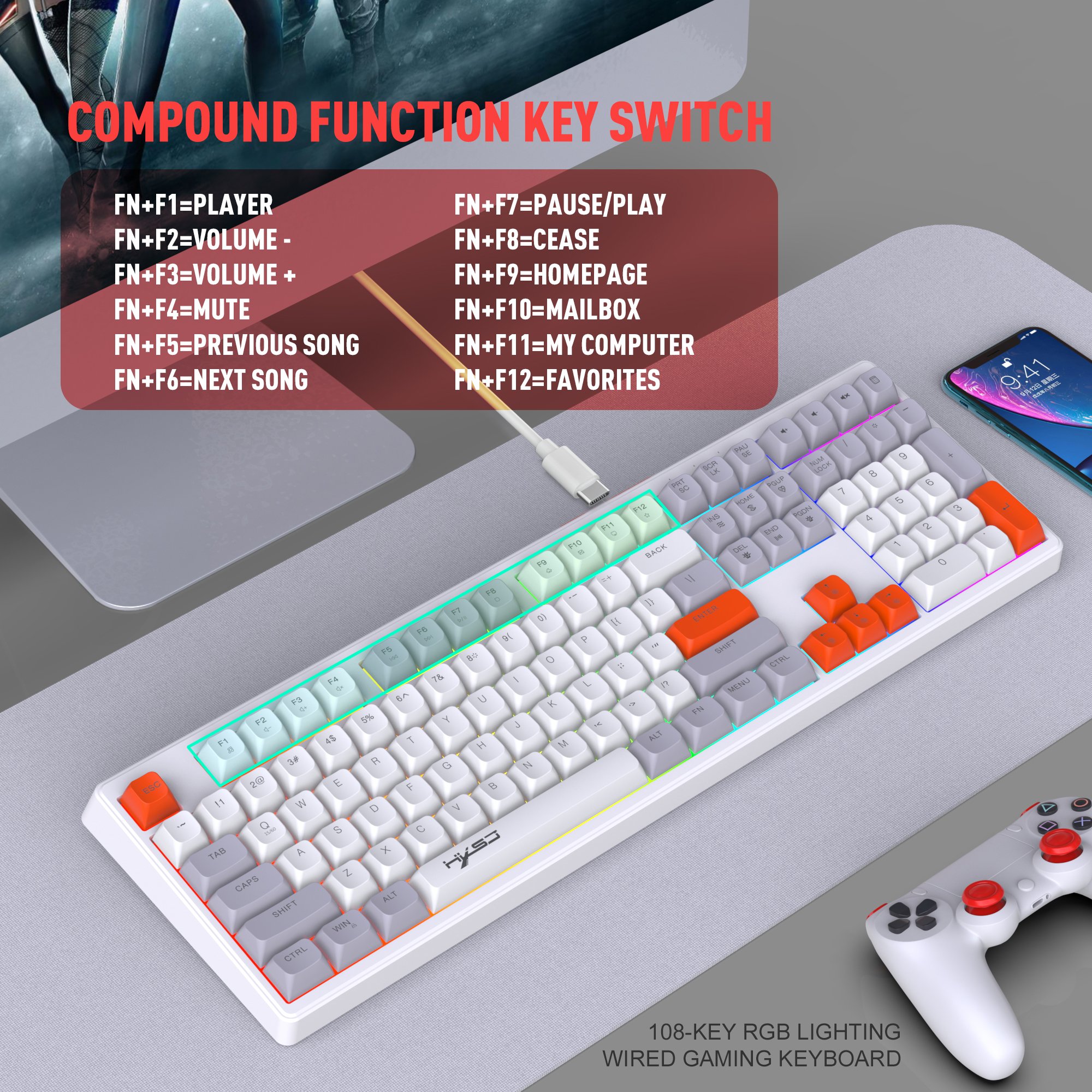 V300 108-Key Rgb Lighting Game Keyboard with ABS keycaps Wired Usb 2.0 Transmission Membrane Keyboard