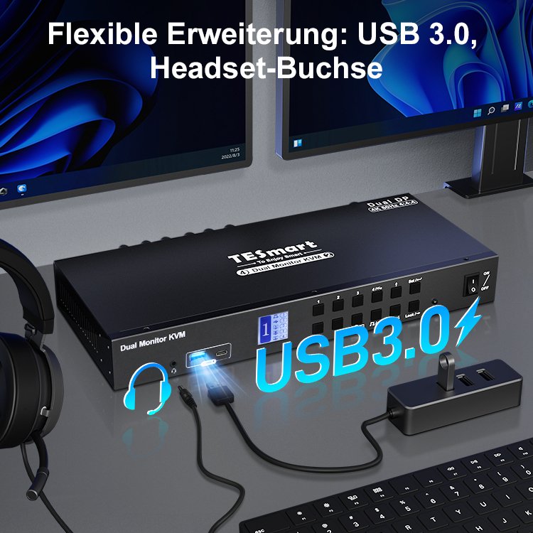 TESmart 4 Port Dual Monitor KVM Switch Kit DP 4K60Hz with USB 3.0 Docking Station EDID Microphone L/R KVM Switches
