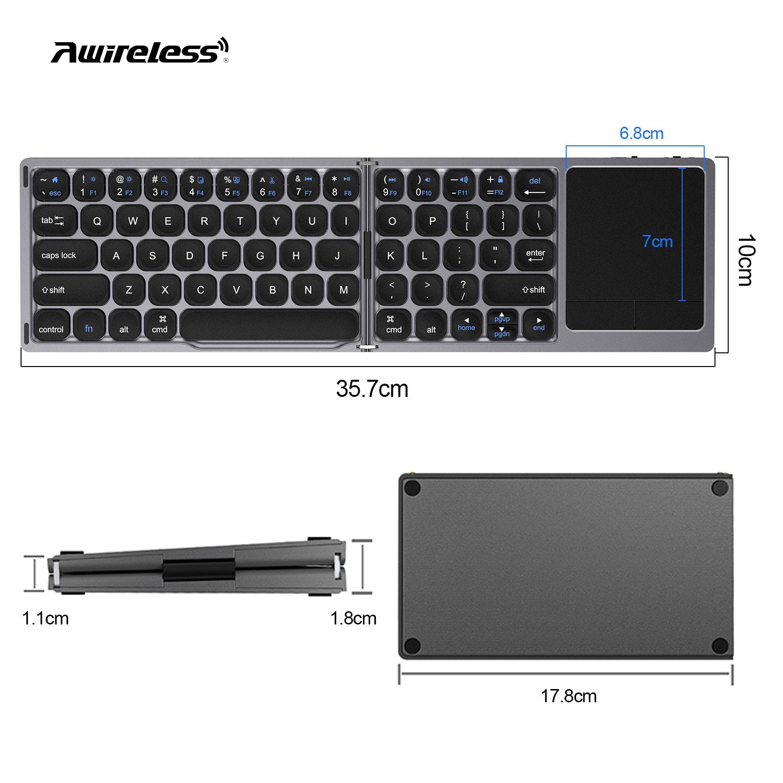 Black foldable bt Wireless Folding bluetooth keyboard qwerty Layout touch pad wireless keyboard