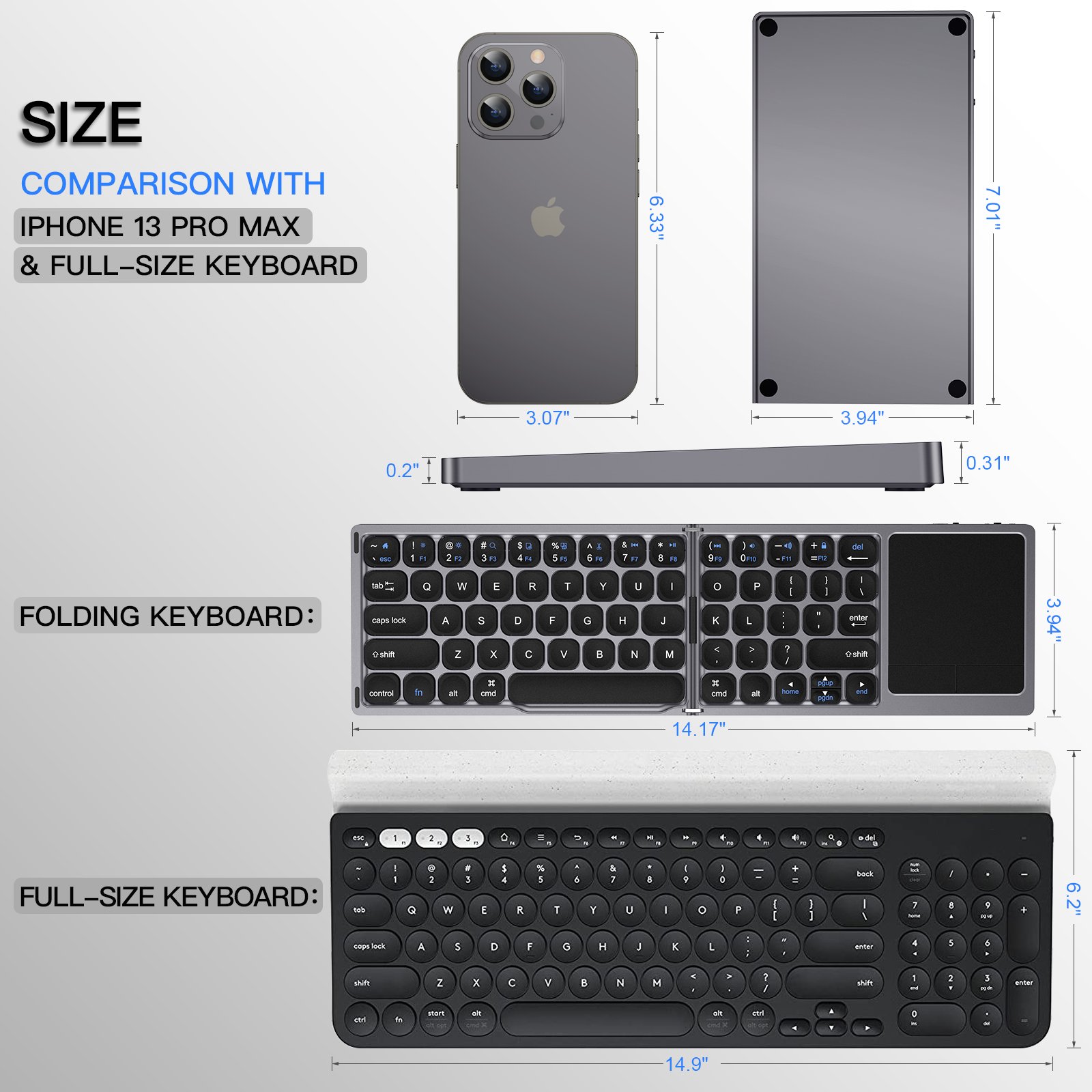 Black foldable bt Wireless Folding bluetooth keyboard qwerty Layout touch pad wireless keyboard