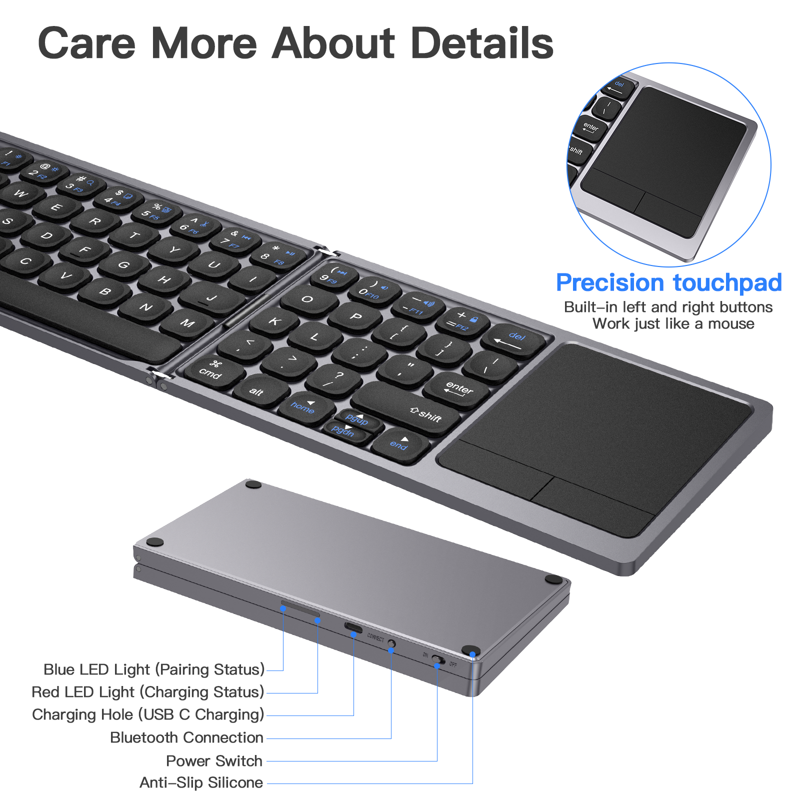 Black foldable bt Wireless Folding bluetooth keyboard qwerty Layout touch pad wireless keyboard