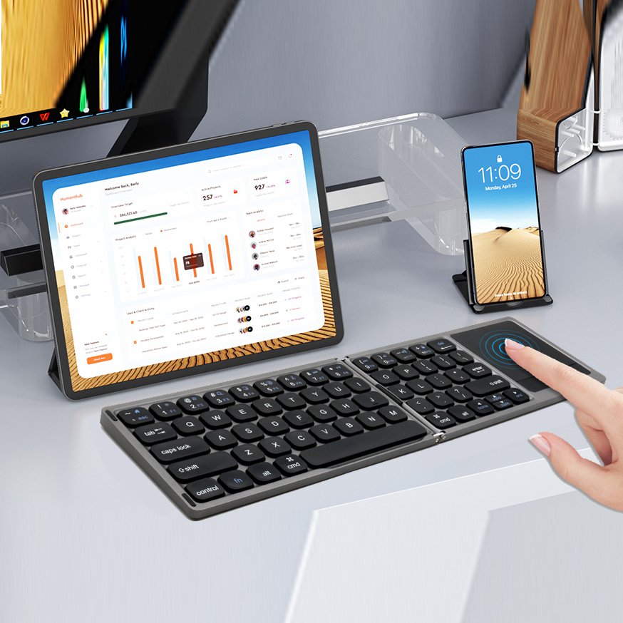 Black foldable bt Wireless Folding bluetooth keyboard qwerty Layout touch pad wireless keyboard