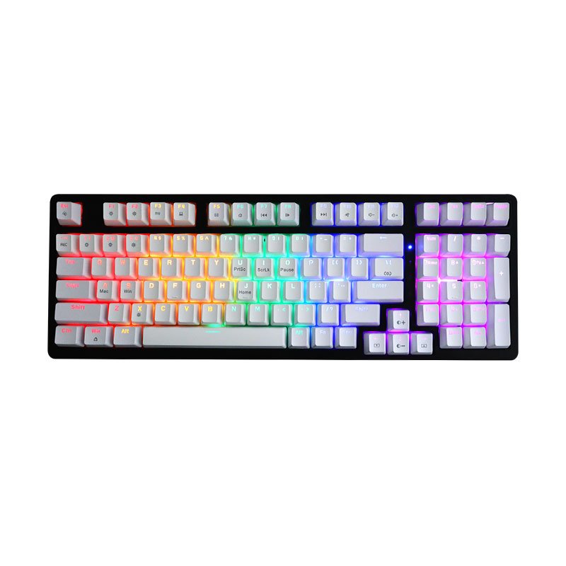 Wired mechanical gaming keyboard with 100 keys and a fast USB-C connection. Equipped with hot-swappable red switches & RGB light