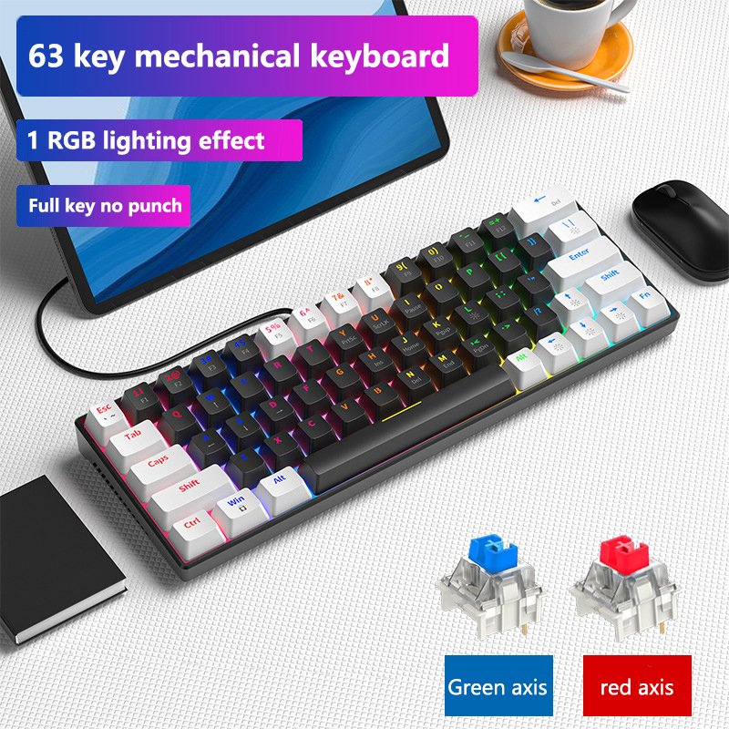 63-keys Double Shot china wholesale blue switch Red Axis Wired Full-keys Anti Ghosting Gaming 60%Mechanical Keyboard Black