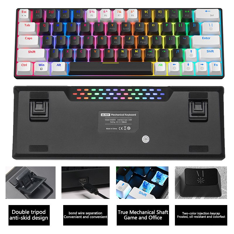 63-keys Double Shot china wholesale blue switch Red Axis Wired Full-keys Anti Ghosting Gaming 60%Mechanical Keyboard Black