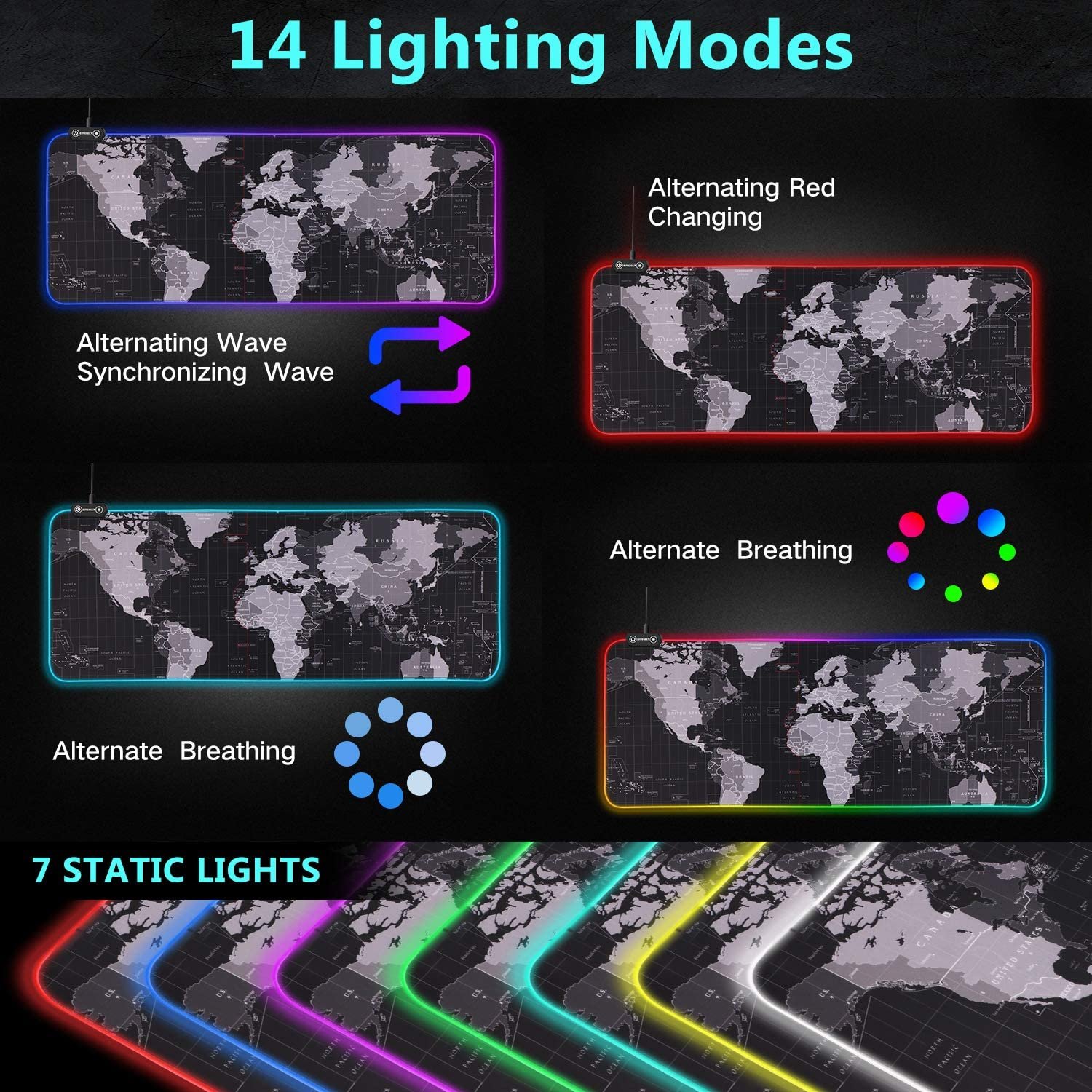 High Quality Glowing RGB LED World Map Mouse Pad Keyboard Mat Custom Sublimation Printing USB Gaming Mousepad with 14 Mouspad