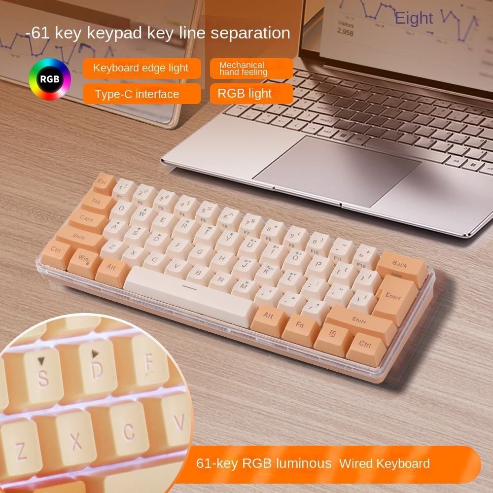 Cream and Orange 60% Wired Gaming Keyboard RGB LED Backlit Ultra-Compact Teclado Gamer Wired Ergonomic Mini Game Keyboard
