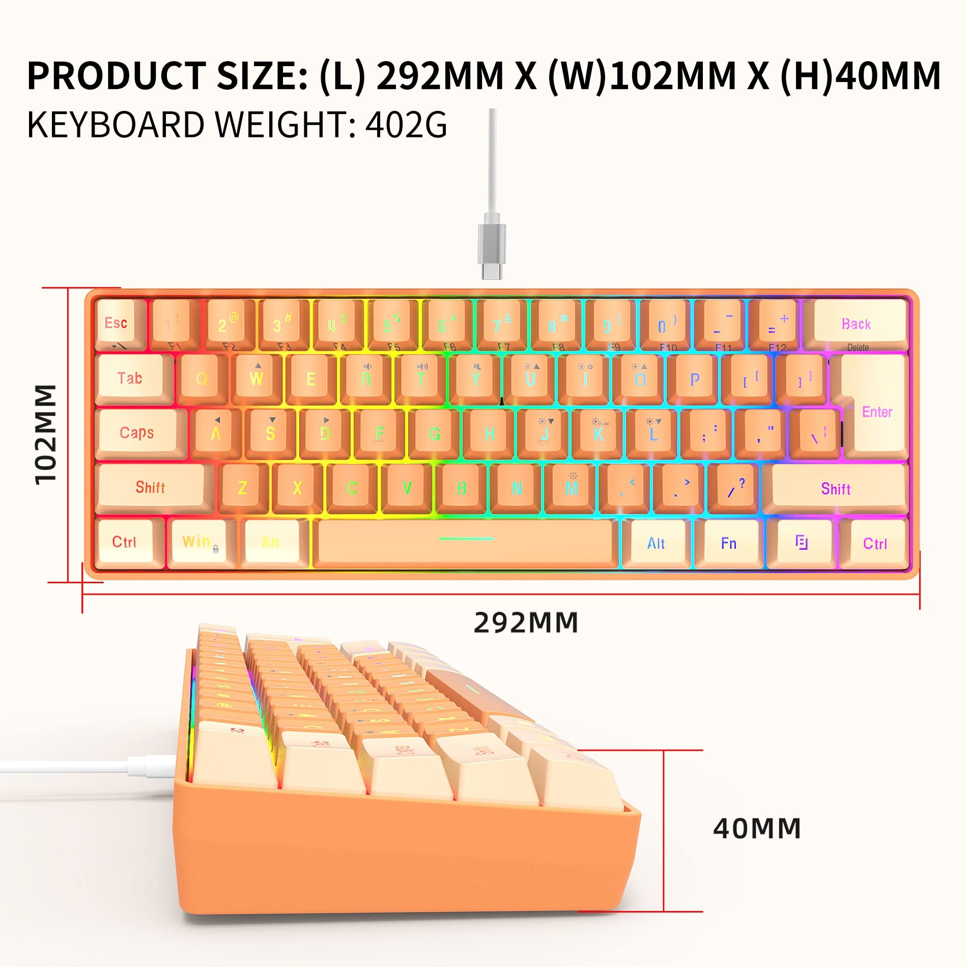 Cream and Orange 60% Wired Gaming Keyboard RGB LED Backlit Ultra-Compact Teclado Gamer Wired Ergonomic Mini Game Keyboard