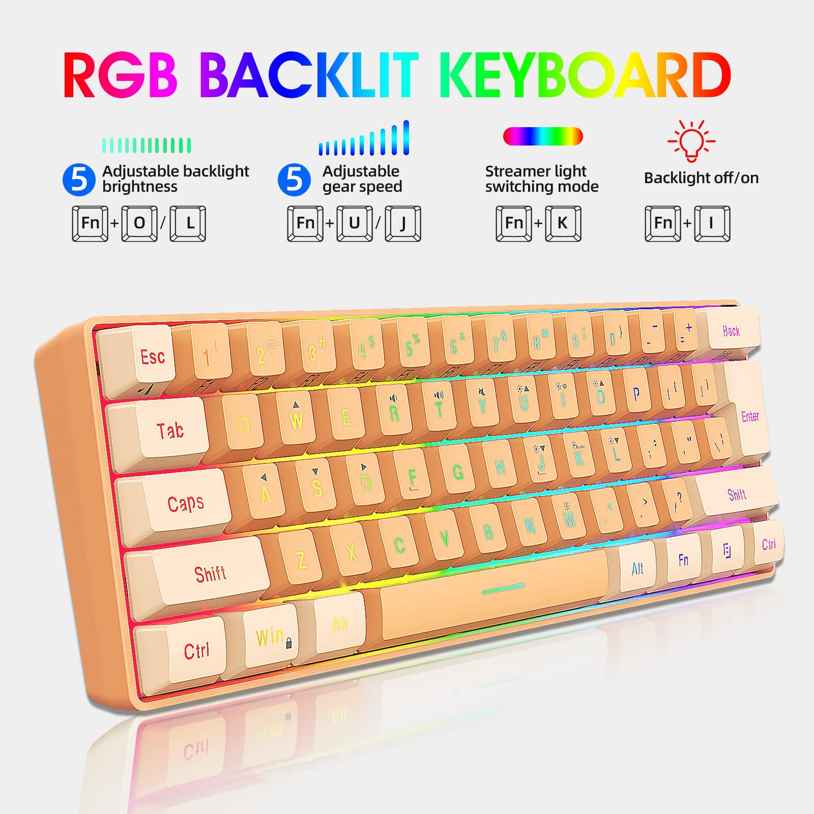 Cream and Orange 60% Wired Gaming Keyboard RGB LED Backlit Ultra-Compact Teclado Gamer Wired Ergonomic Mini Game Keyboard