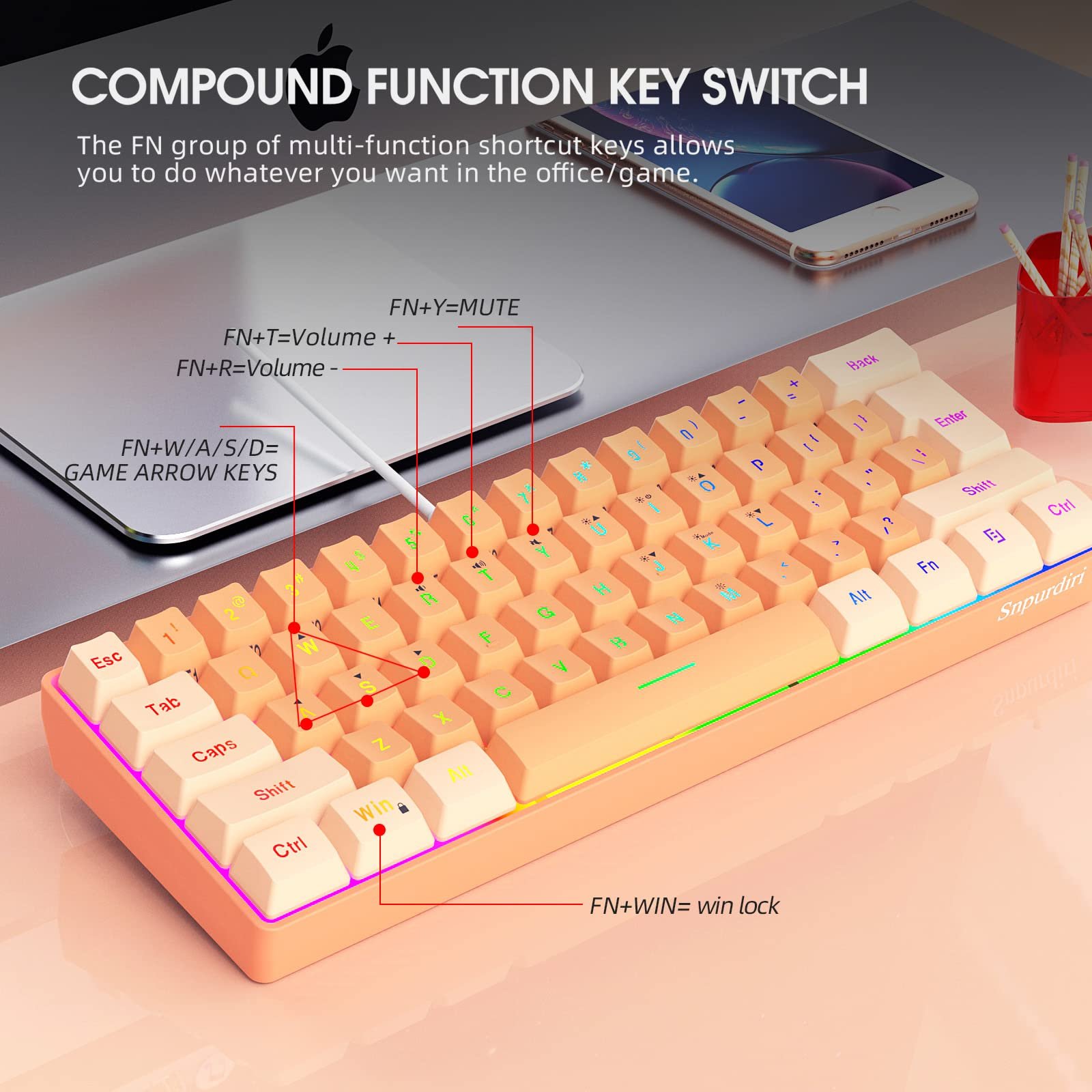 Cream and Orange 60% Wired Gaming Keyboard RGB LED Backlit Ultra-Compact Teclado Gamer Wired Ergonomic Mini Game Keyboard