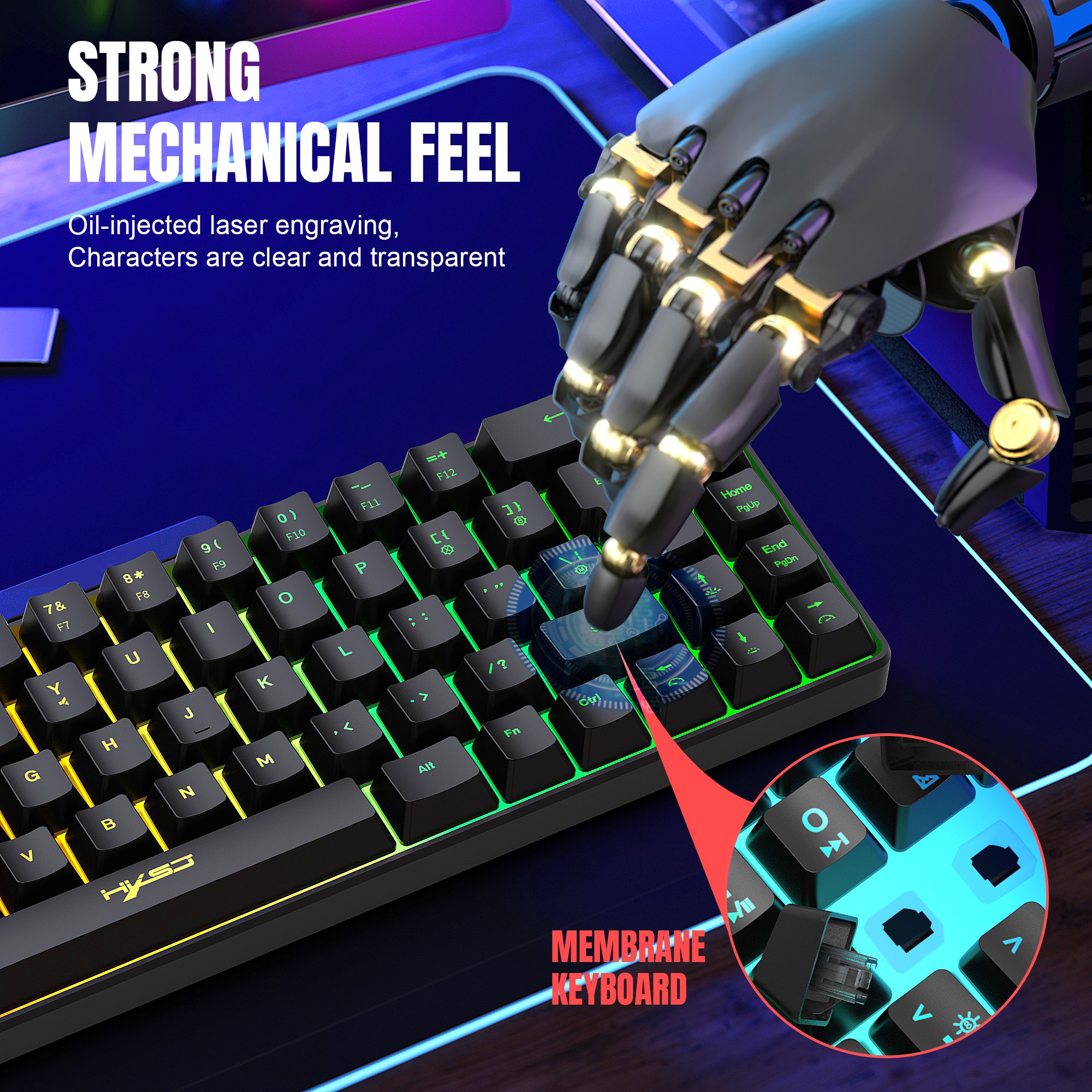 Wholesale HXSJ V200 68-key membrane keyboard durable silent RGB backlit ABS Type-C gaming mechanical feel keyboard for computer