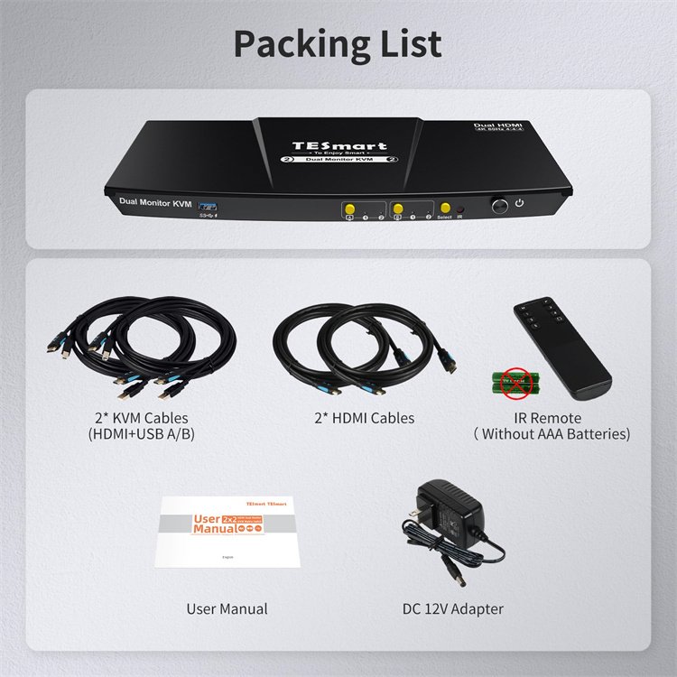 TESmart 2 Port KVM Switch Support 4K60HZ USB 3.0 IR Panel Button Keyboard Hot Key Control 2 PCs 2 Monitors HDMI KVM Switcher