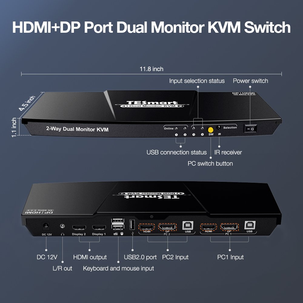 TESmart DP HDMI Dual Monitor Kvm Switch Support 4K@60Hz USB 2.0 IR Remote With EDID Emulators Displayport KVM Switcher