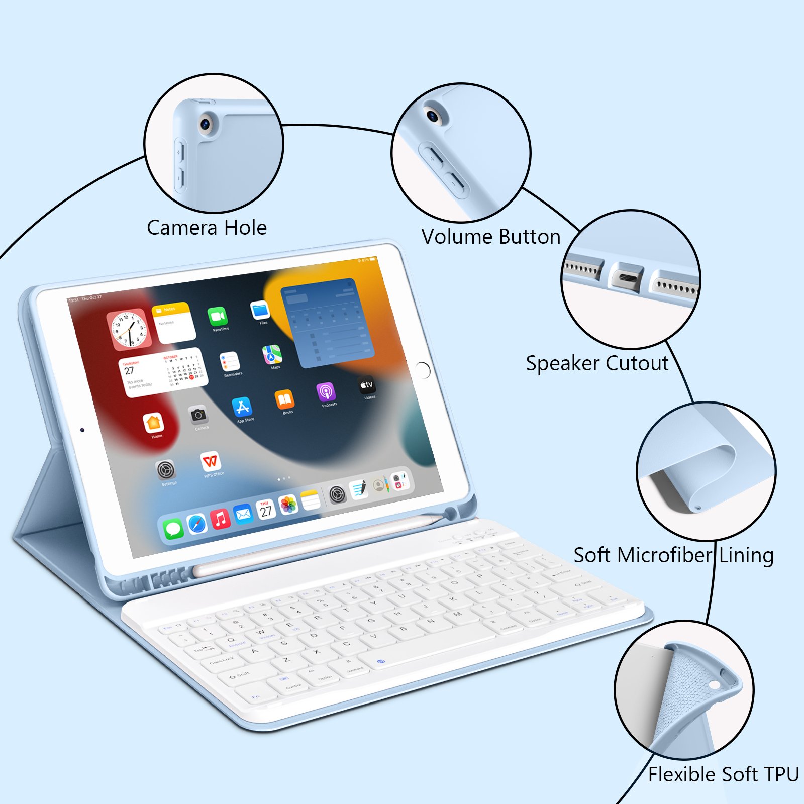 Kenke Silicon Leather Portable Wireless Keyboard Case Shockproof Soft Tablet Cover For Apple iPad 7th 8th 9th Gen 10.2 Inch