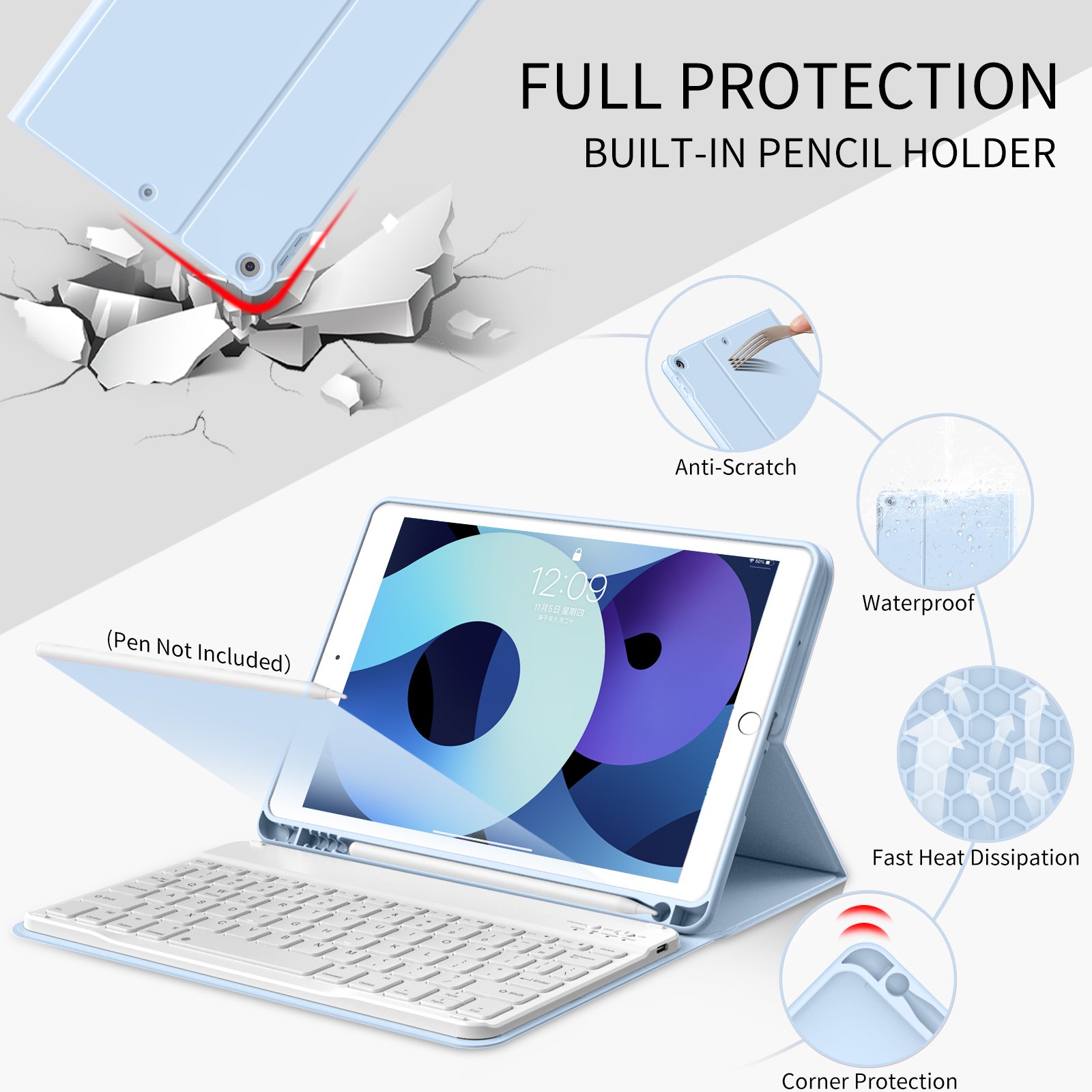 Kenke Silicon Leather Portable Wireless Keyboard Case Shockproof Soft Tablet Cover For Apple iPad 7th 8th 9th Gen 10.2 Inch