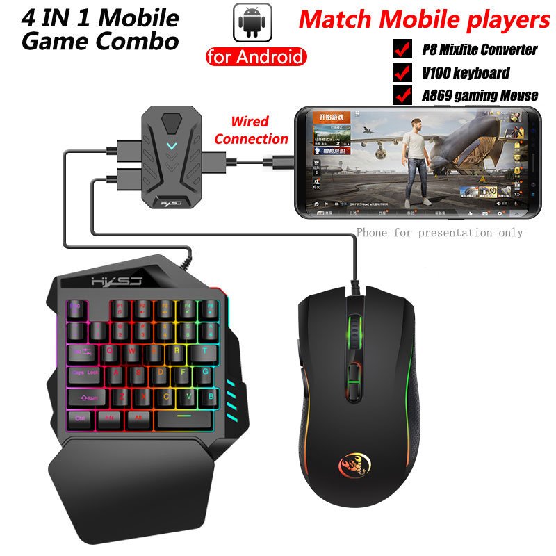 2024 HXSJ 3 in 1 N-Switch ergonomic wired gaming one-handed keyboard mouse combos with P8 Game Converter for mobile game