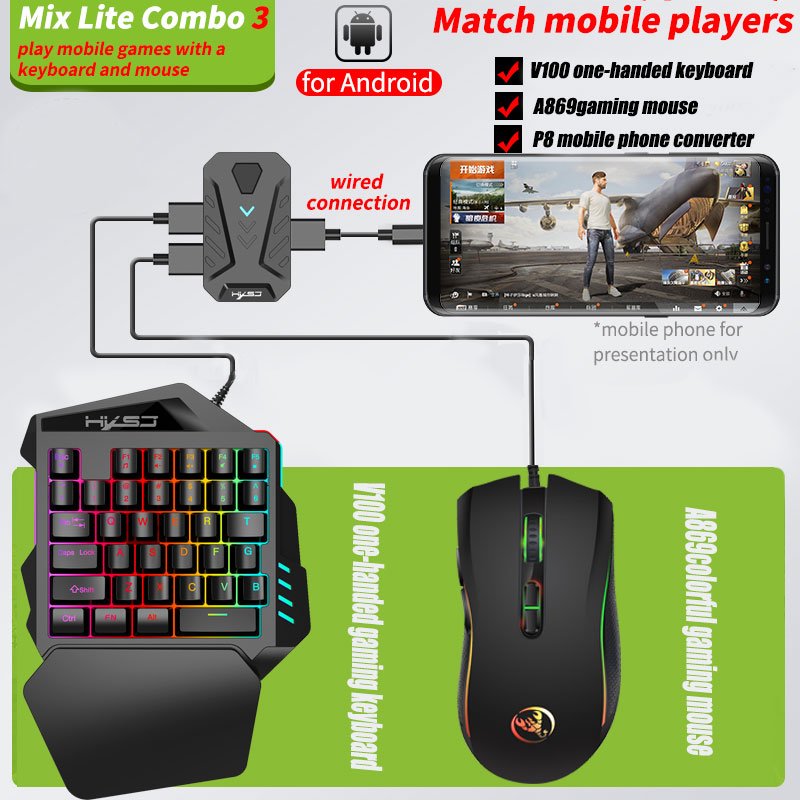 2024 HXSJ 3 in 1 N-Switch ergonomic wired gaming one-handed keyboard mouse combos with P8 Game Converter for mobile game