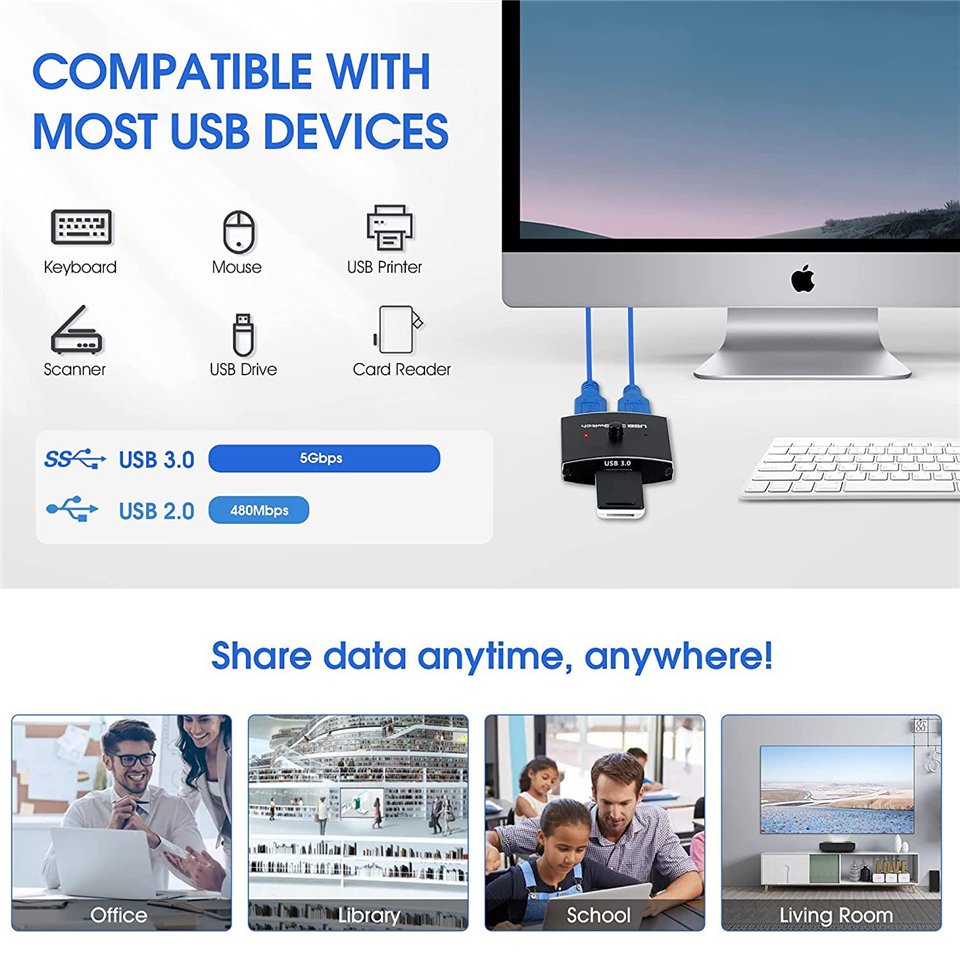 2 Dual Computers laptop Keyboard Mouse Switch 2 PC USB 3.0 Selector USB Bi-directional Switcher Box Sharing Switch