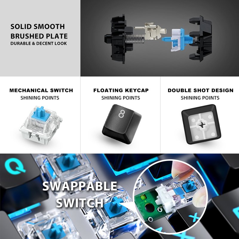 Teclado Gamers Keyboard Pc Gamin Ajustable Custom Luces RGB Mechanical Blue Switch Gamer