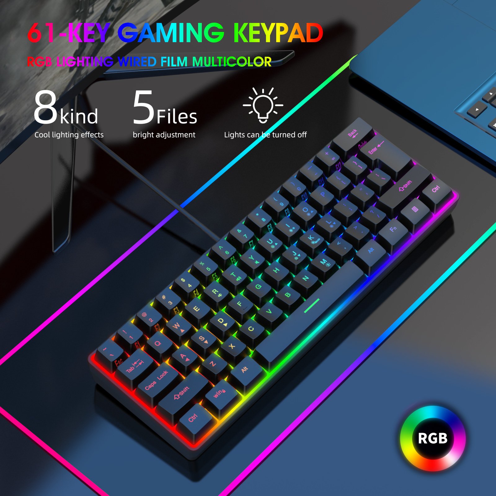Multiple Color Combinations 61 Keys USB Wired RGB 60% Computer Gaming Small Black Keyboards